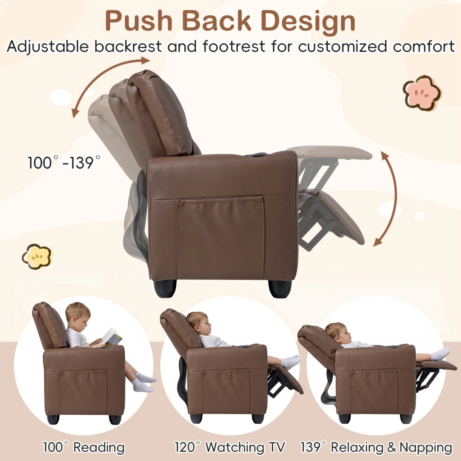 SUGIFT Adjustable 2-Seater Kids Recliner Toddler Sofa Chair with Cup Holders 330-lb Capacity Ages 3+ 38-in Wide Brown