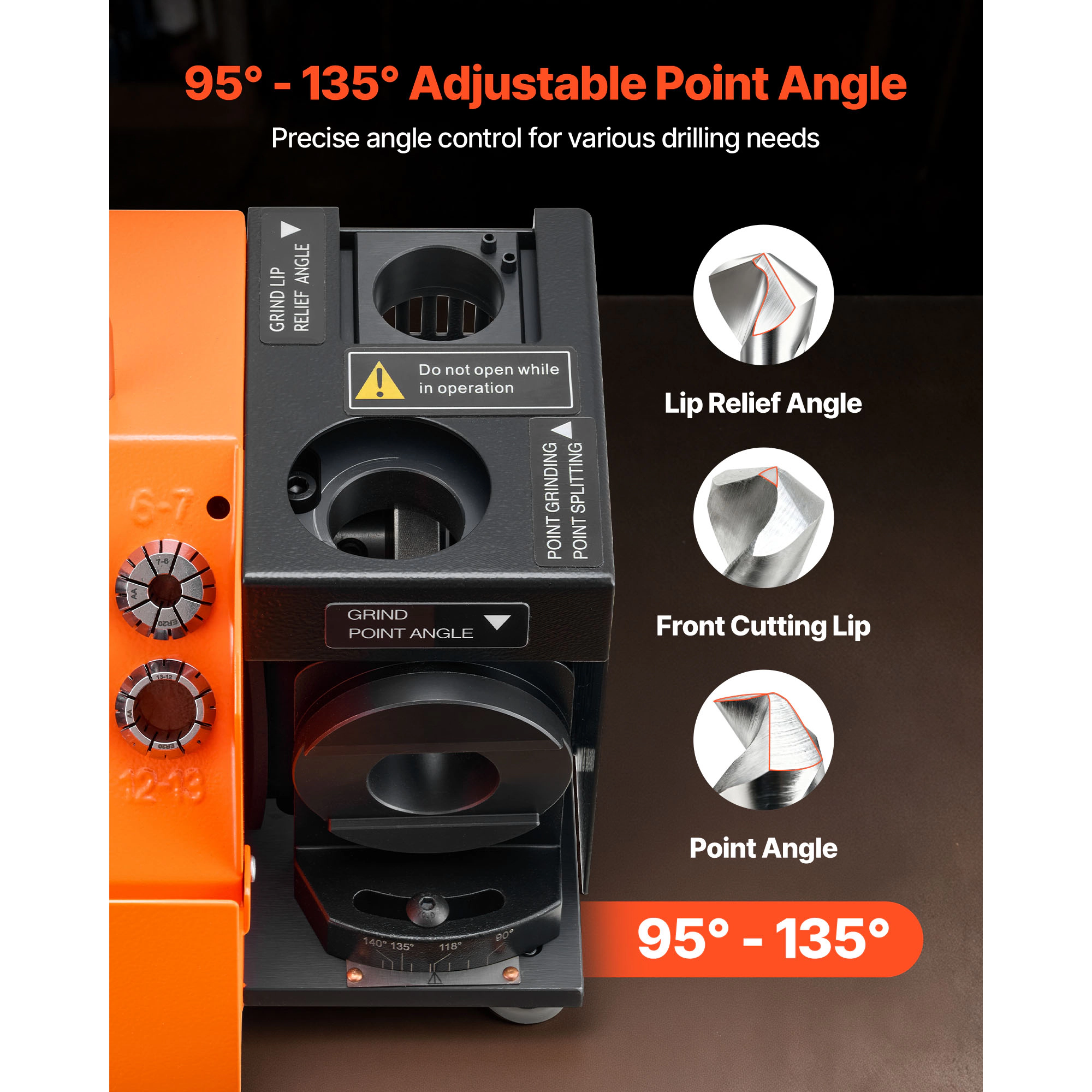 HONGGE Drill Bit Grinder with Adjustable Angle, 95°-135° Point Angle, Collets & CBN