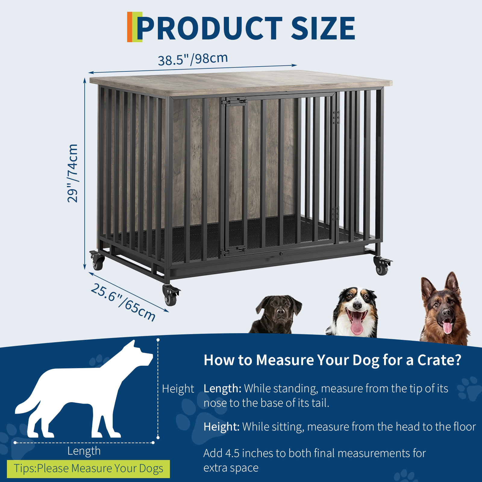 39" Heavy Duty Dog Crate Furniture with Wheels & Removable Tray, Wooden Pet Cage End Table for Medium Dogs
