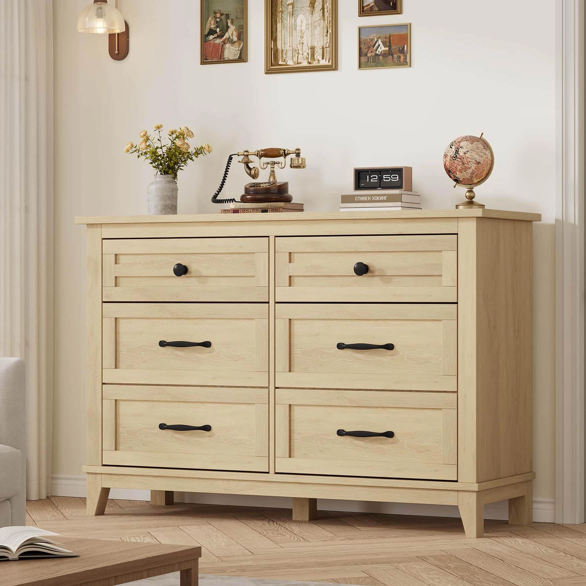 6 Drawer Modern Dresser, 47" Wide Wooden Double Storage Chest for Bedroom Entryway