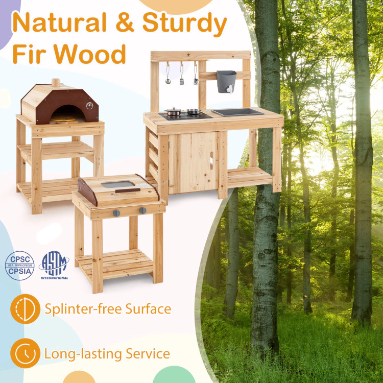 Hivvago 3-Piece Outdoor Kitchen Set Mud Kitchen With Separate Bbq Grill And Pizza Oven-Natural