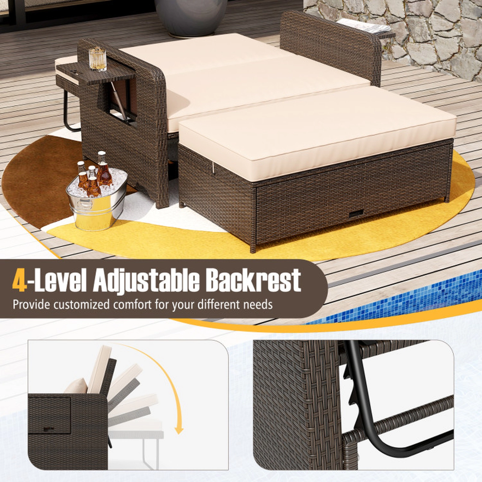 SUGIFT 4-Position Adjustable Outdoor Patio Daybed Chaise Lounge Loveseat with Storage Ottoman 800-lb Capacity Mix Brown