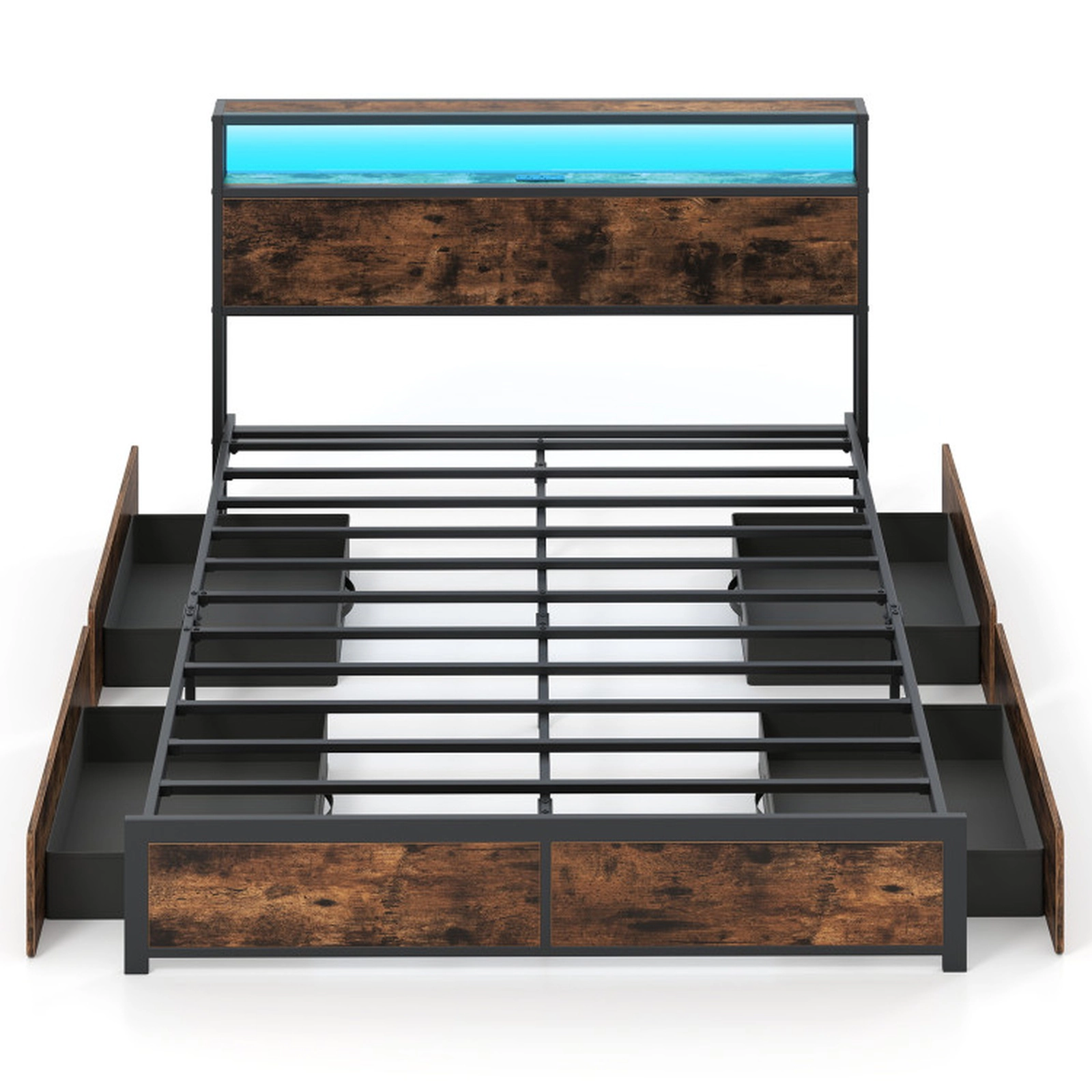 SUGIFT Full/Queen Size LED Bed Frame with Charging Station and 4 Storage Drawers 1100-lb Capacity Rustic Brown + Black