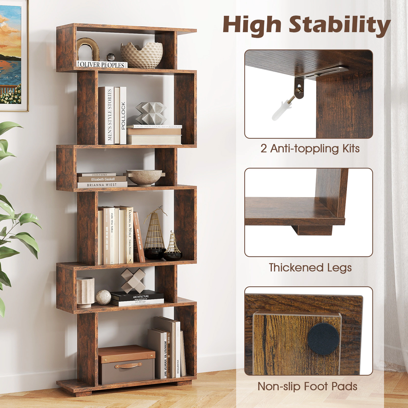 SUGIFT 6-Tier Rustic Brown 64-in Tall Narrow Geometric Bookshelf with 2 Anti-Tipping Kits and Raised Base