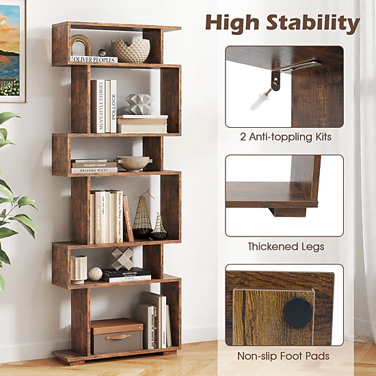Costway 6-tier Storage Bookshelf S-shaped Geometric Bookcase with Anti-toppling Kits Orange