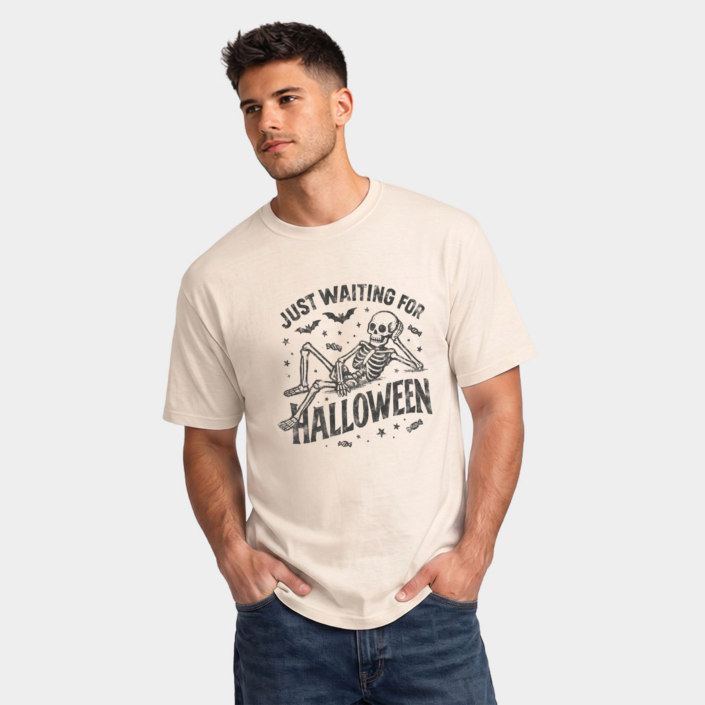 Simply Sage Market - Men's Garment Dyed Graphic T-Shirt Just Waiting For Halloween Skeleton