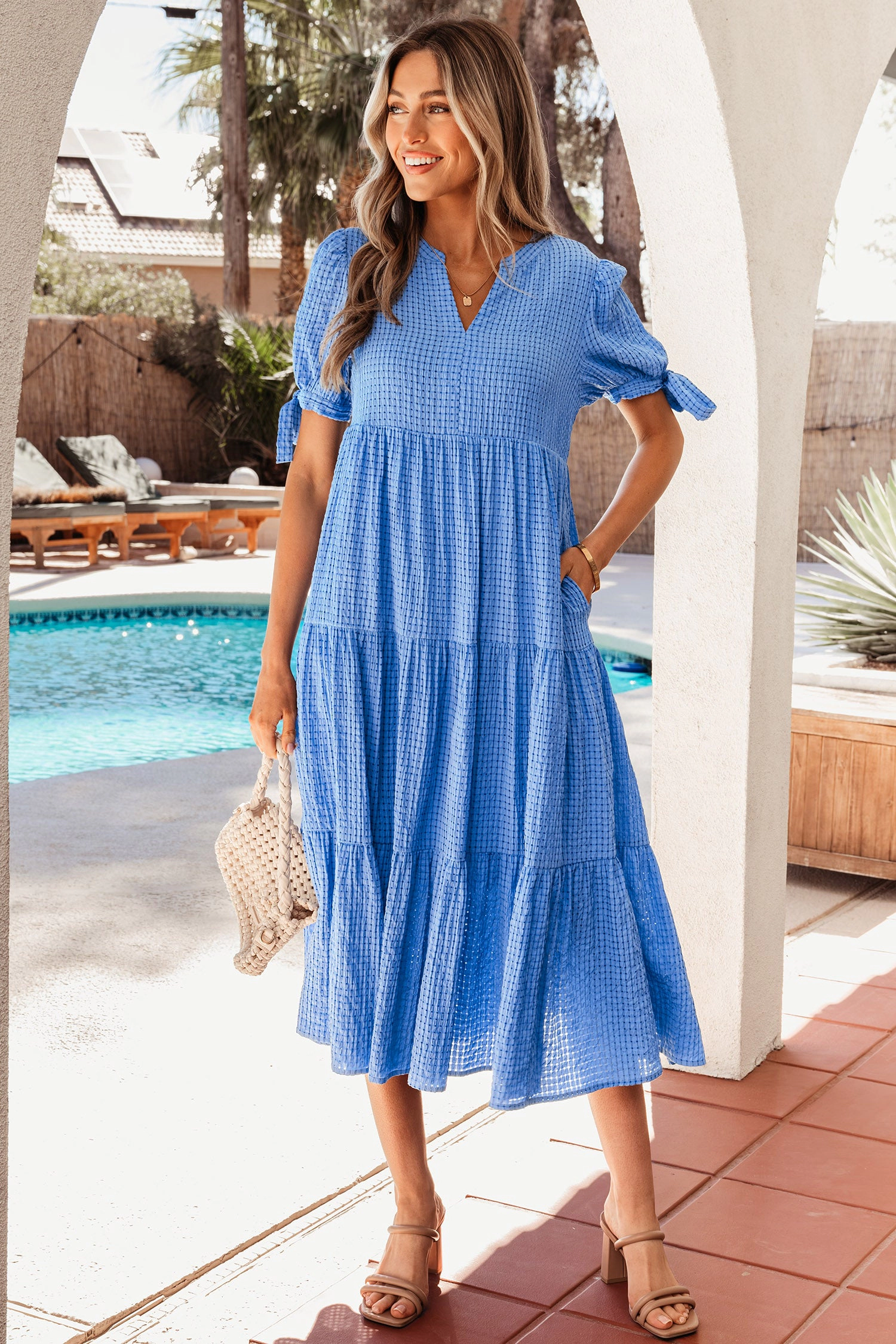 Threaded Pear Womens Madelynn Tiered Gingham Midi Dress