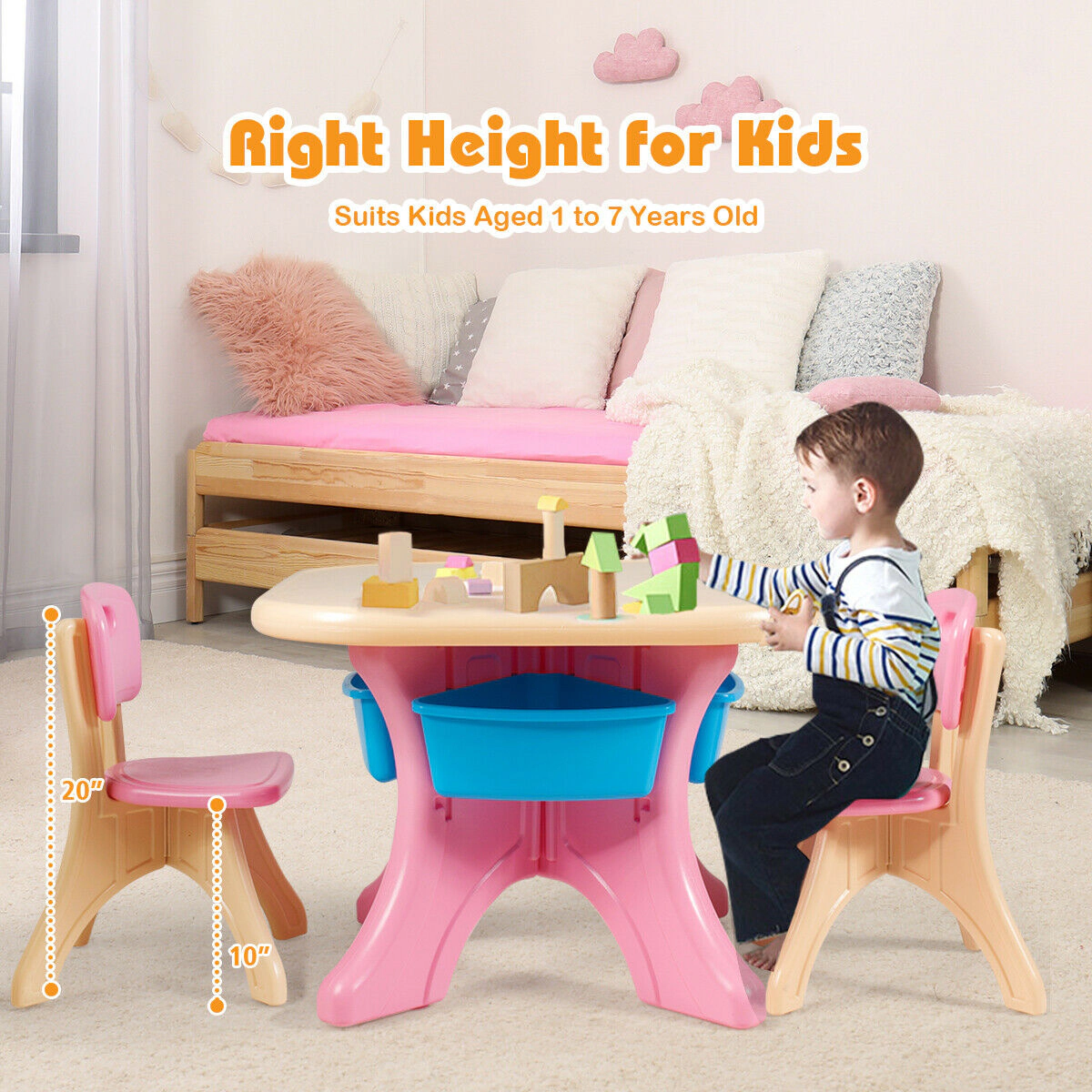 SUGIFT 4 Storage Boxes Indoor Outdoor 3-Piece Kids Plastic Play Table and Chair Set