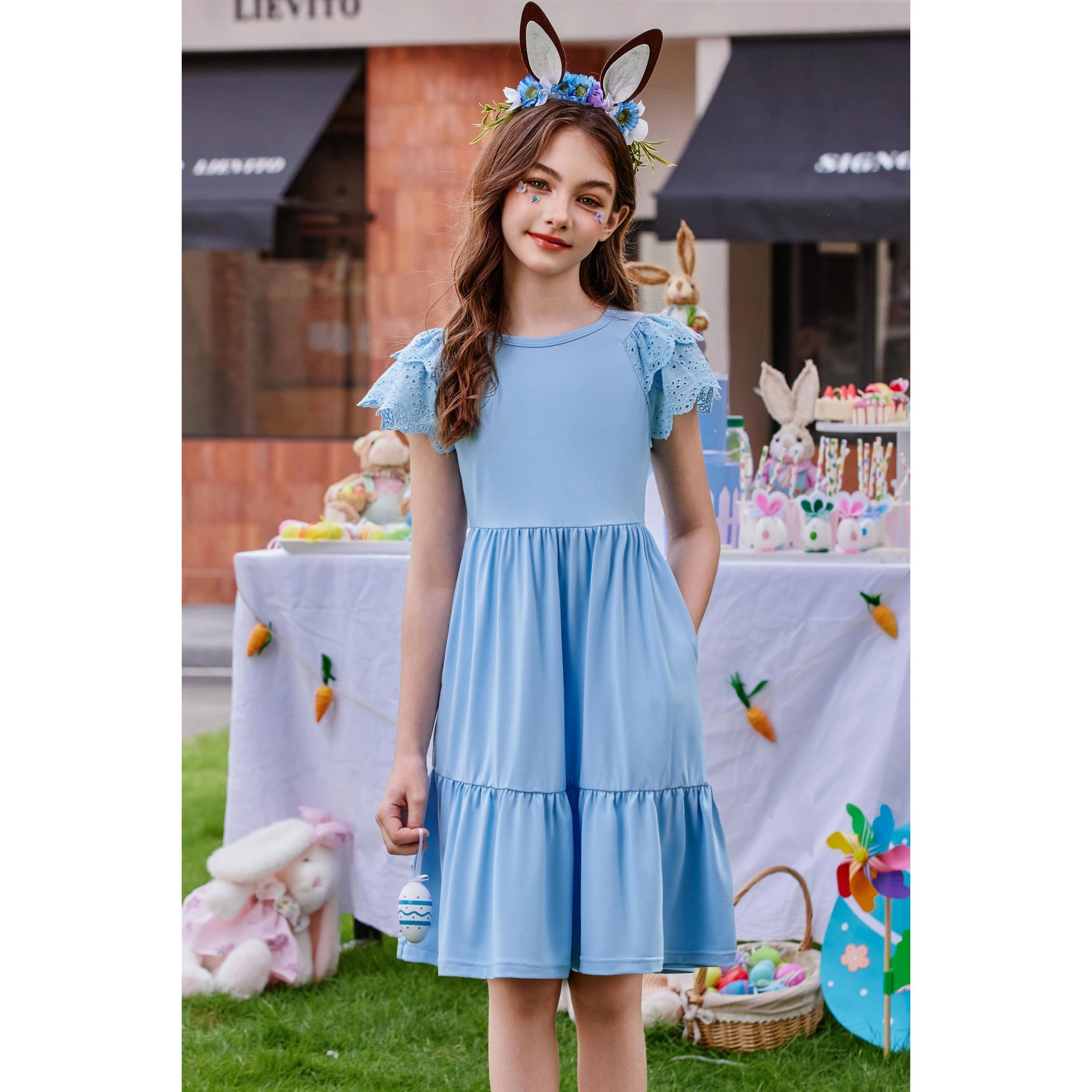 Arshiner Girls Summer Dresses Casual Flutter Sleeve Aline Midi Dress With Pockets