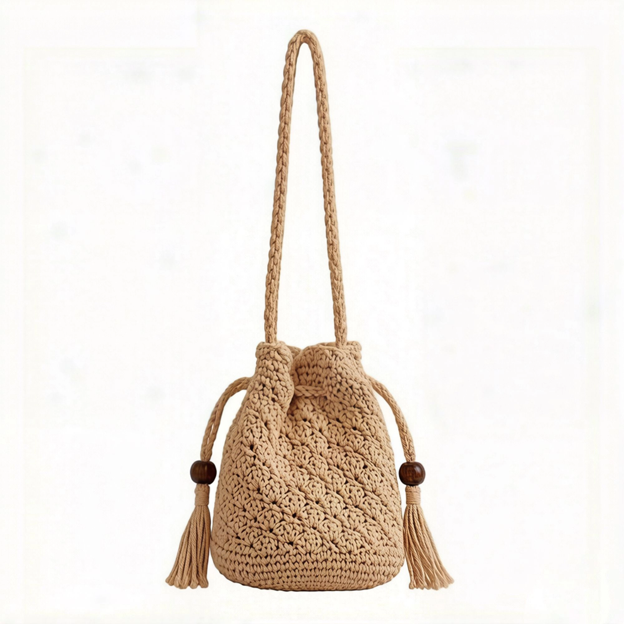 Alilang Women's Crochet Bucket Bag with Drawstring Closure Tassel Detail Long Strap Knit Crossbody Handbag