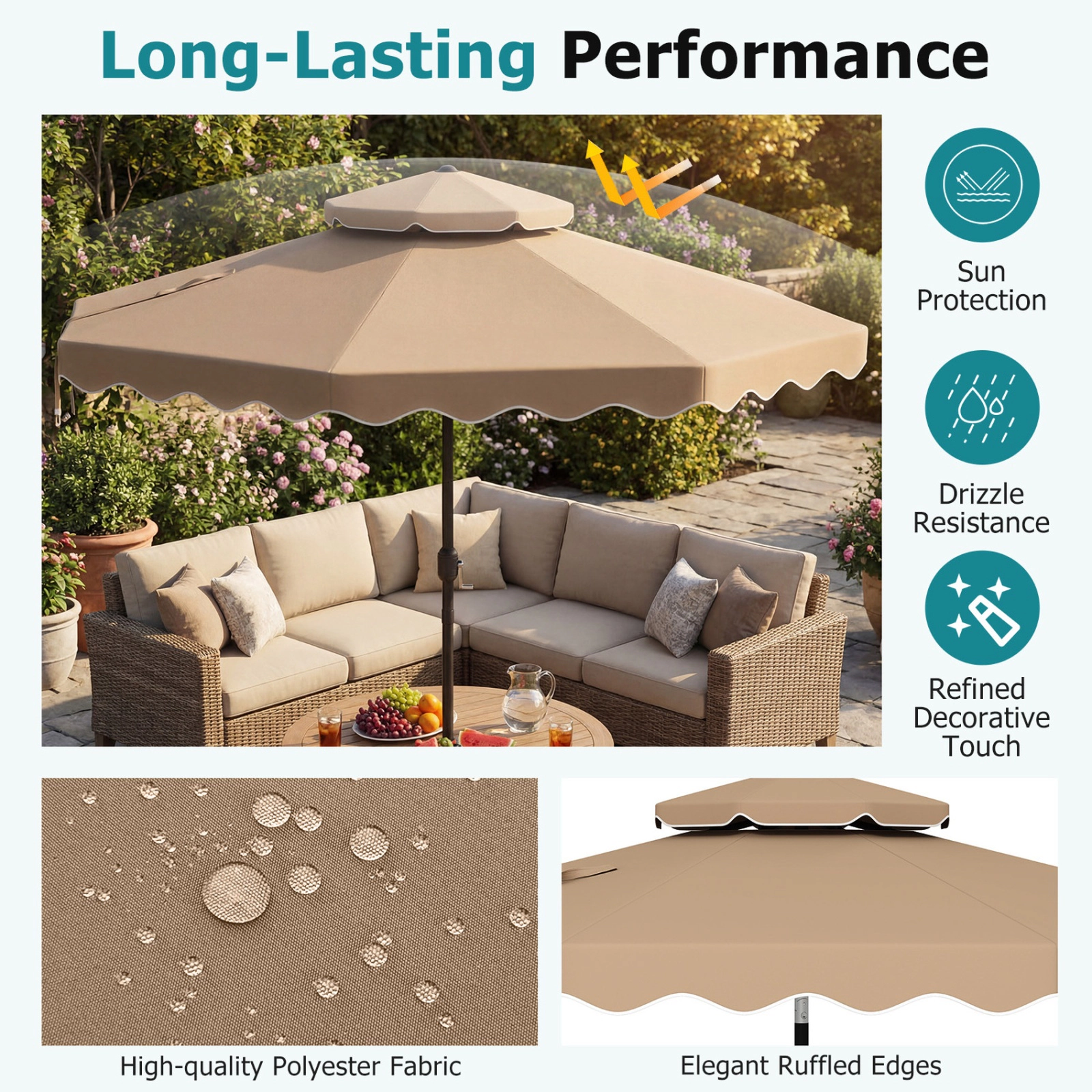 SUGIFT Coffee 9 ft Patio Umbrella with 2-Tier Vented Top and Push Button Tilt