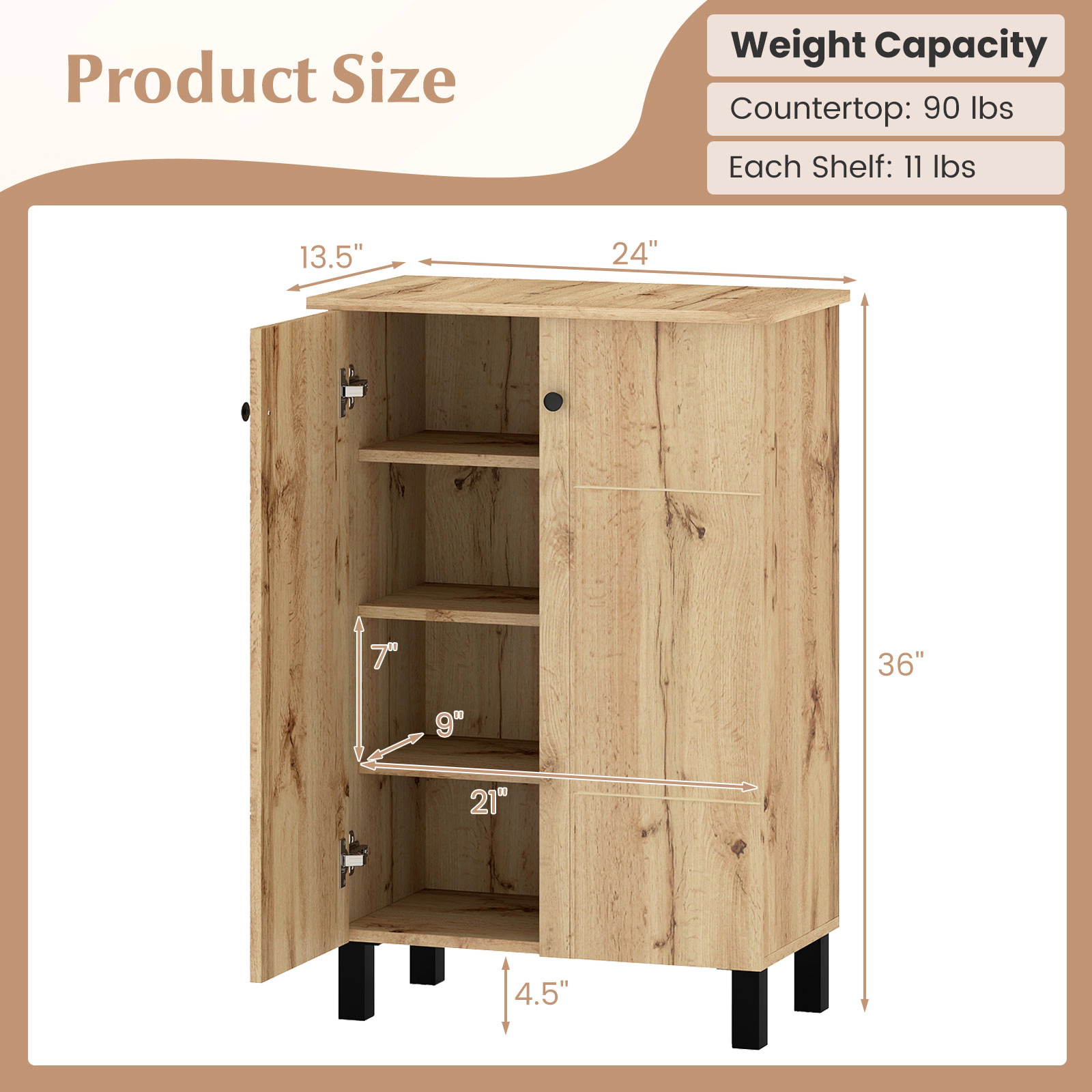 SUGIFT Natural 2 Doors 3 Removable Shelves and Anti-Tip Hardware 4-Tier Shoe Cabinet