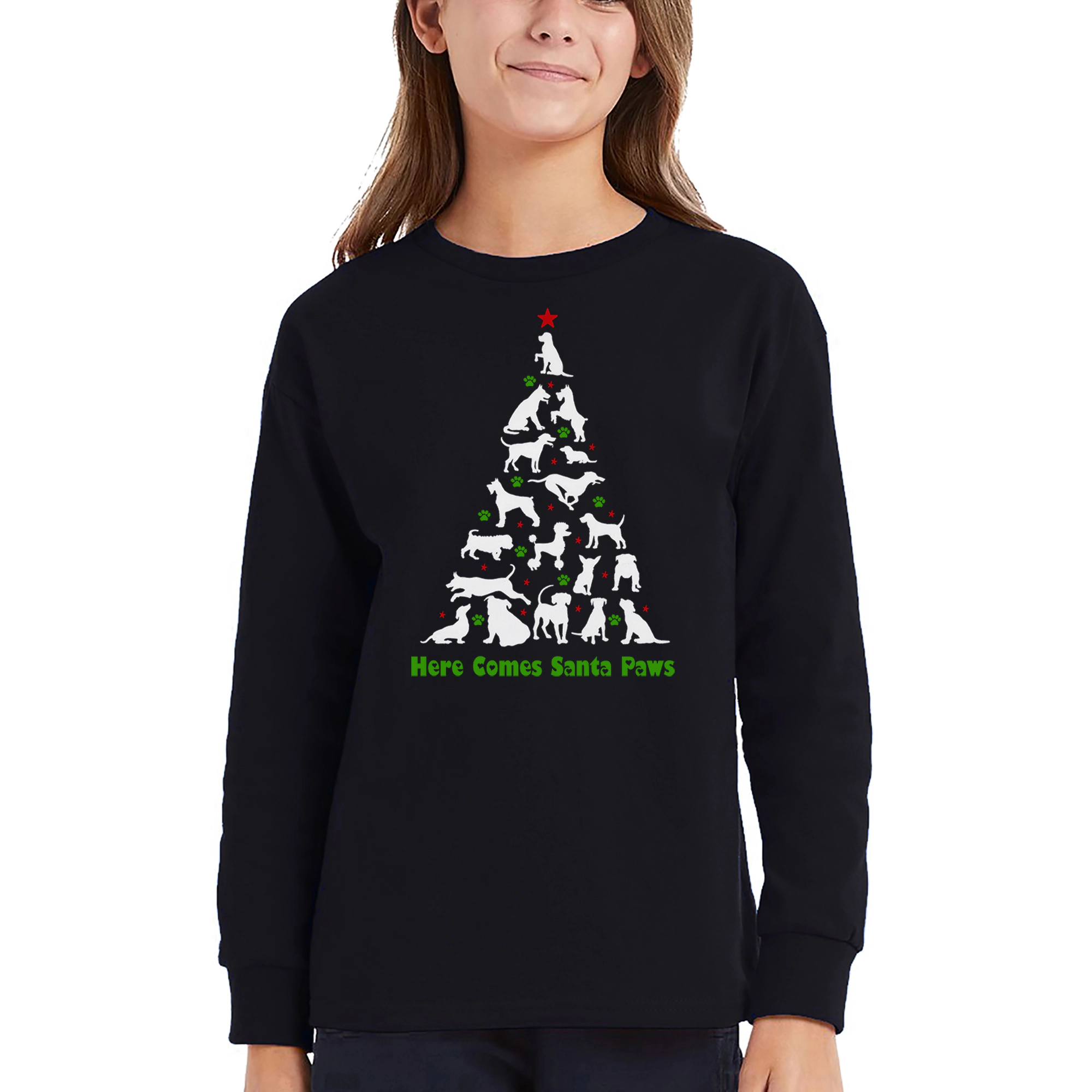 LA Pop Art Girls Long Sleeve Word T-Shirt - Here Comes Santa Paws