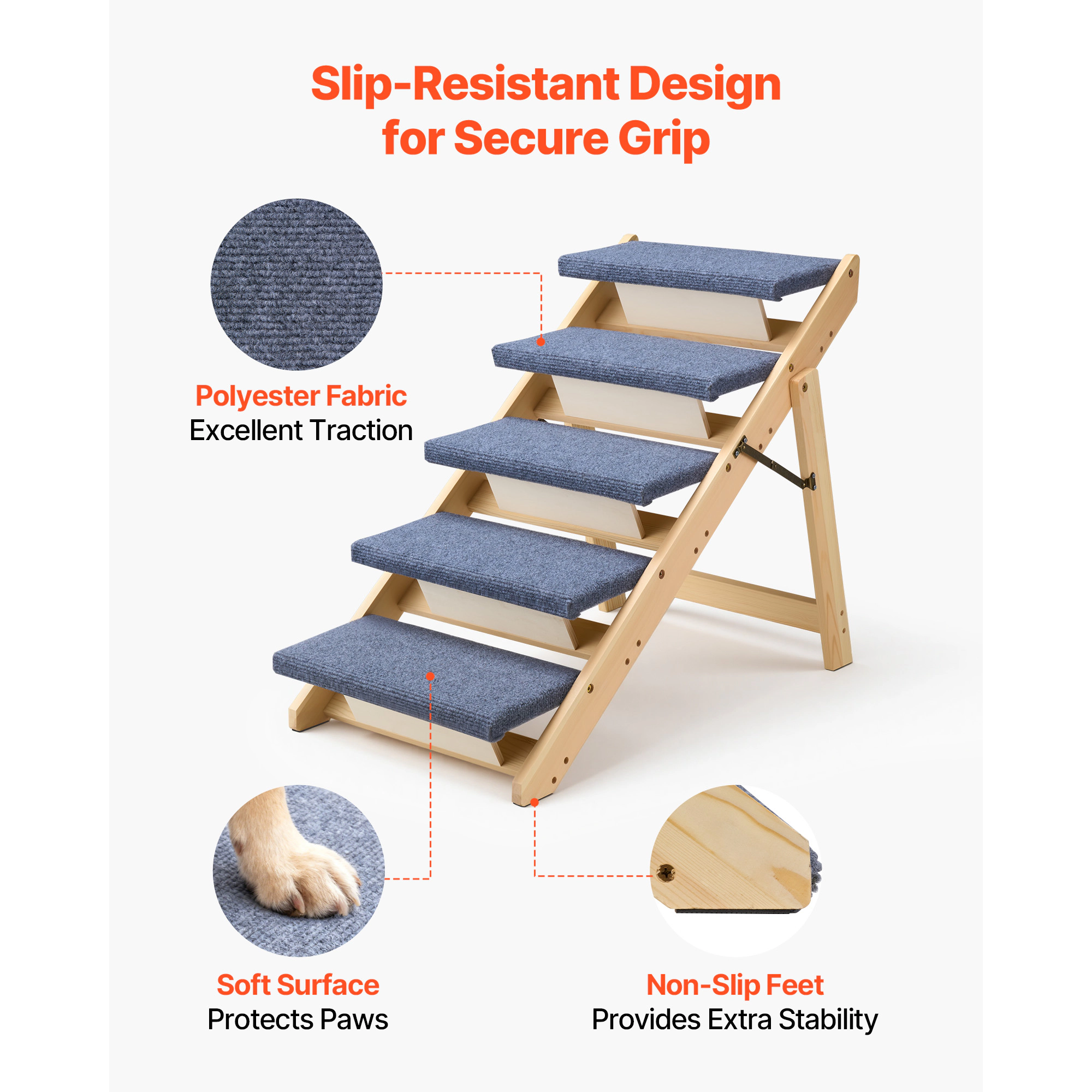 HONGGE 5-Step Foldable Wood Dog Stairs for Beds & Sofas, Gradual Climb, Supports Pets up to 150 lbs