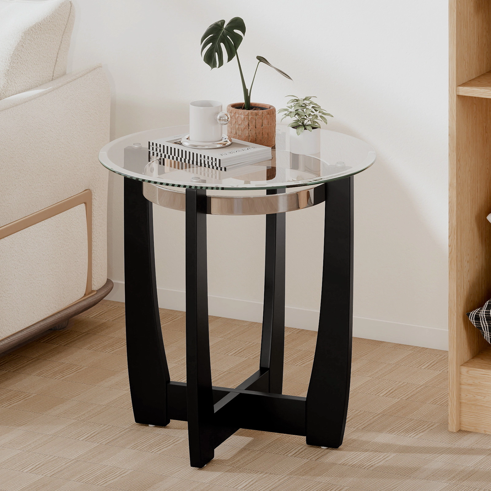 Glintex 24-Inch Round Tempered Glass Side Table with 220-Lb Cross-Braced Base