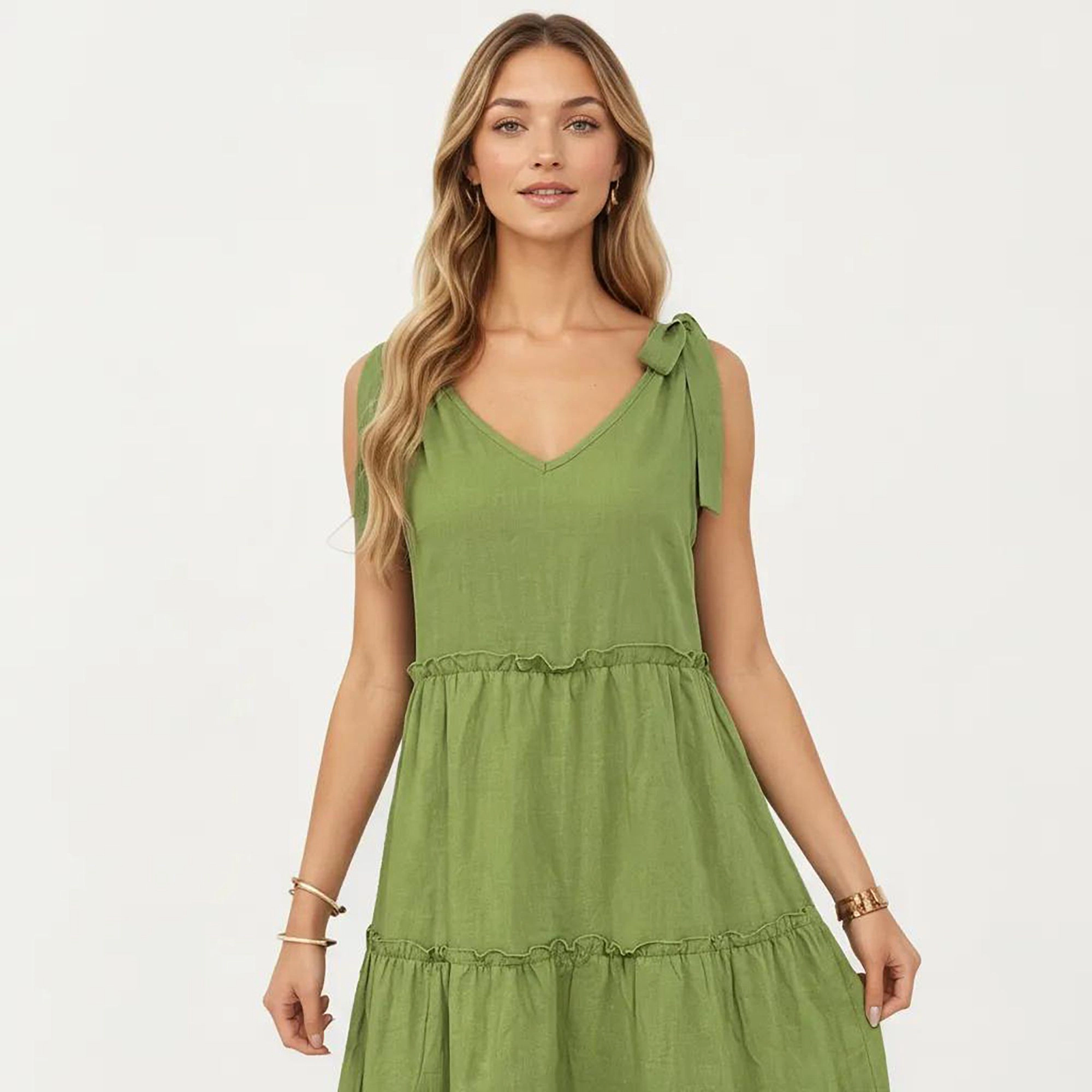 Anna-Kaci Women's Sleeveless Tiered V Neck Shoulder Tie Detail Midi Dress