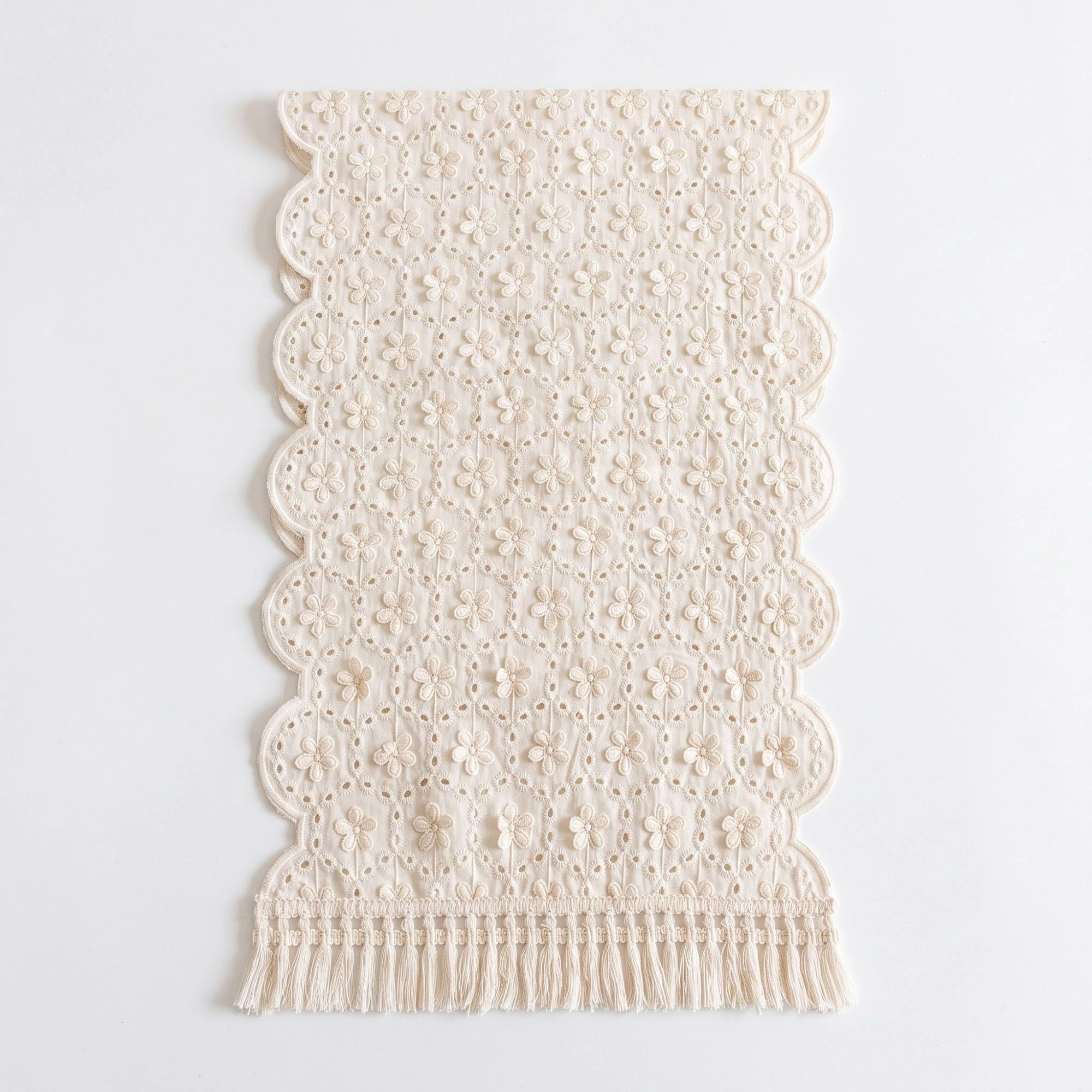 Alilang Unisex Ivory Floral Embroidered Table Runner with Fringe 13x47.2in