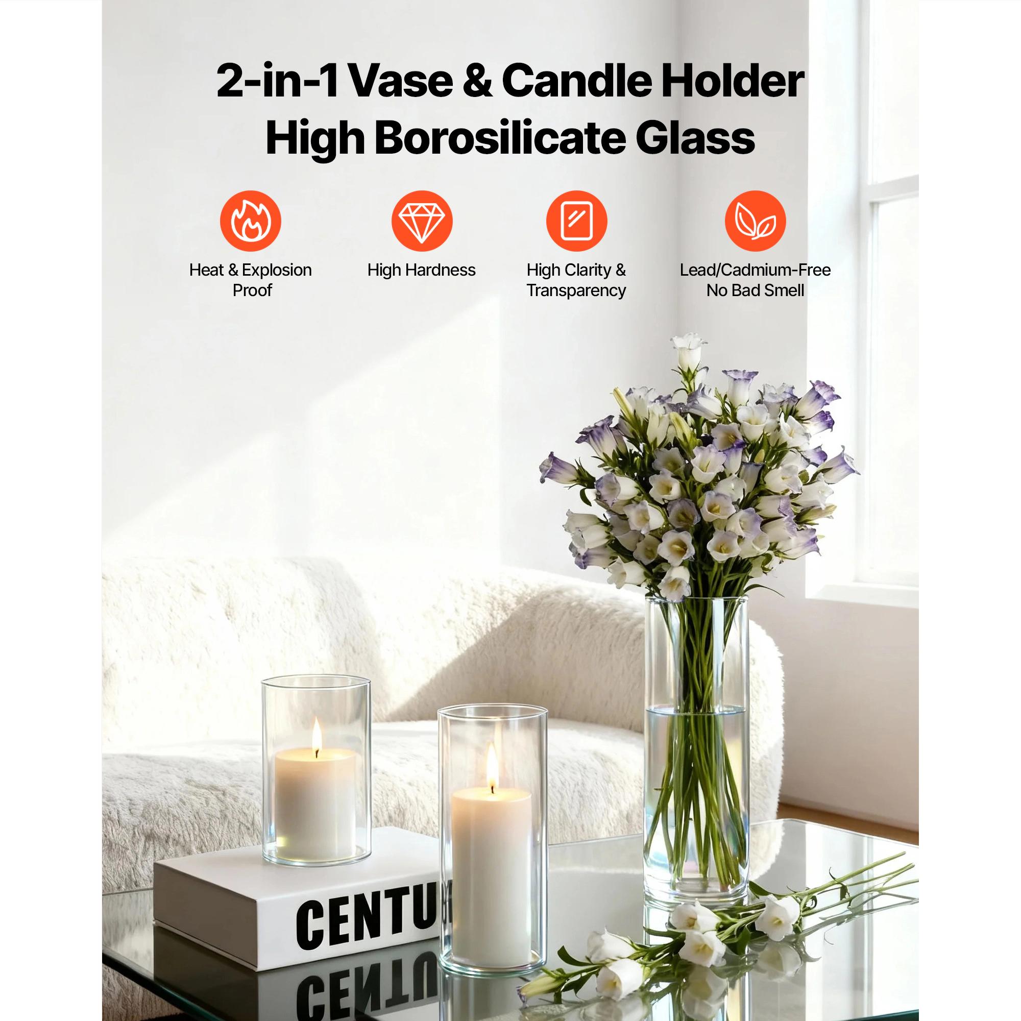 HONGGE Pillar Candles and Glass Vases Set Clear Cylinder Hurricane Candle Holders for Wedding Centerpieces Tall Vase