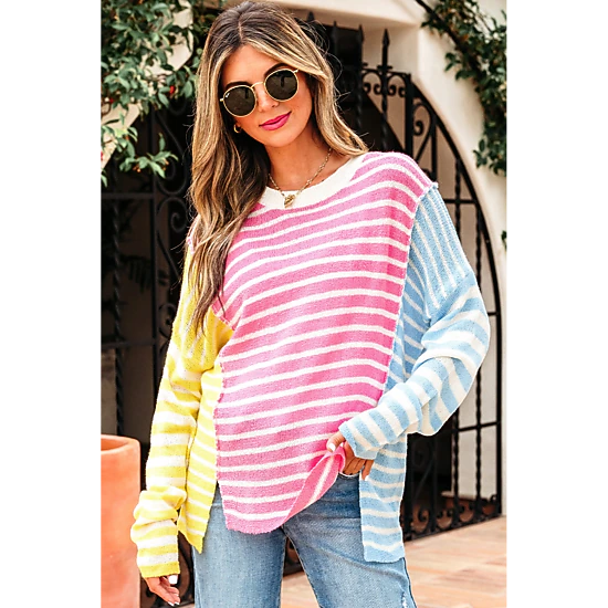 Threaded Pear Women's Esther Striped Patchwork Dolman Sleeve Slit Sweater