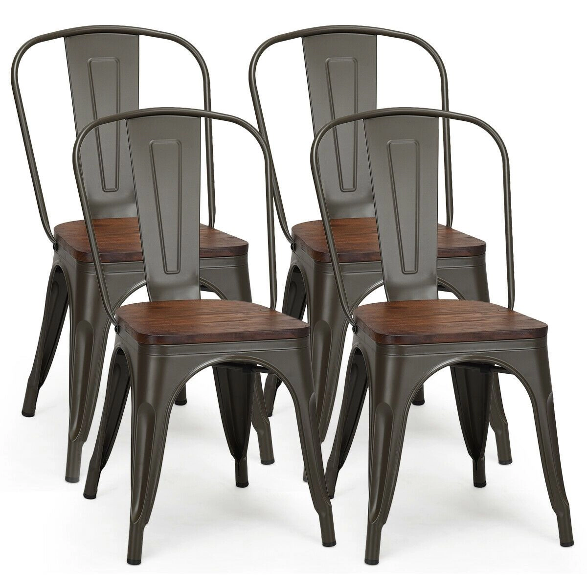 SlickBlue Set of 2 Metal Dining Chairs, Dark Green Steel Frame Wood Seat