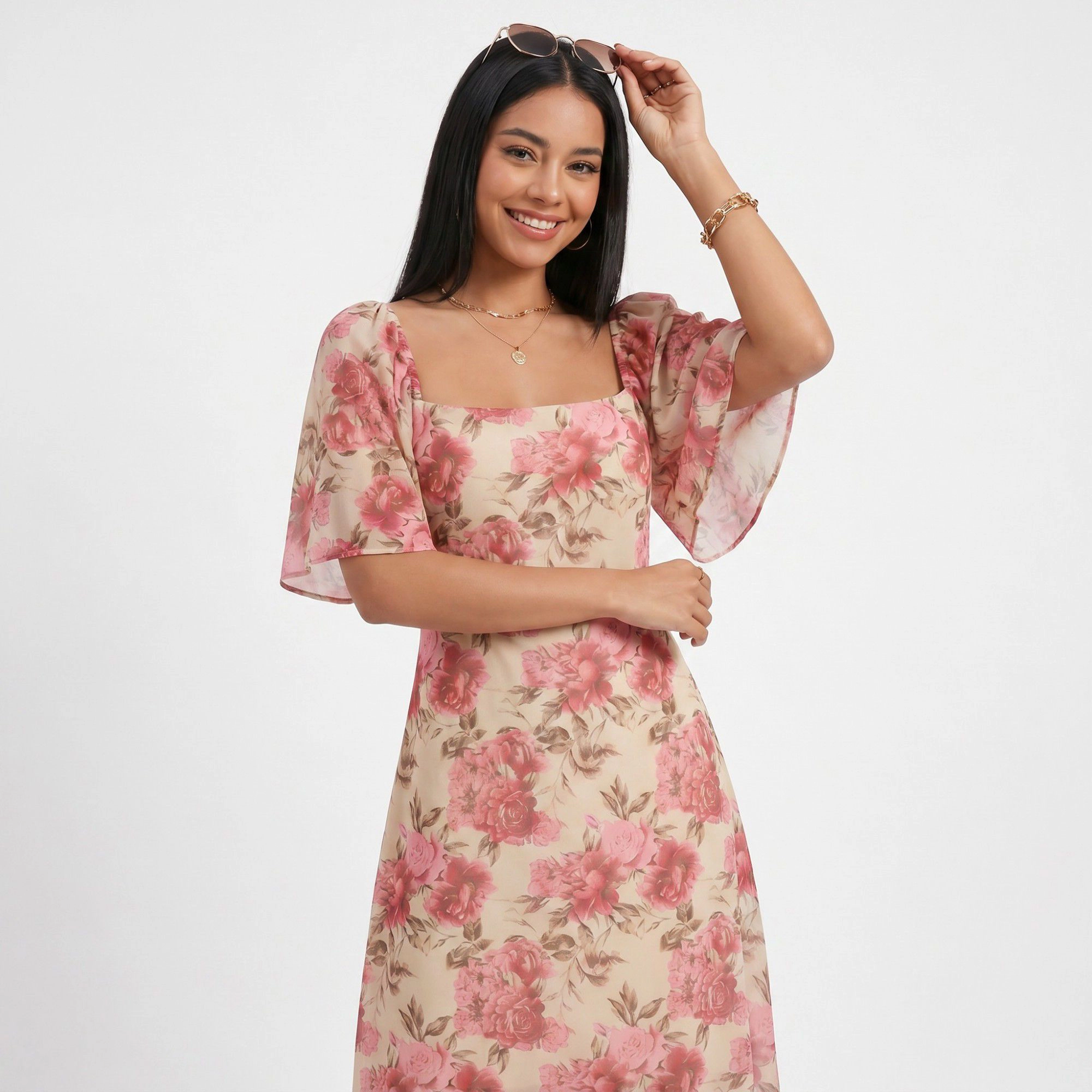Anna-Kaci Women's Floral Square Neck Flutter Sleeve Ruffle Hem Midi Dress