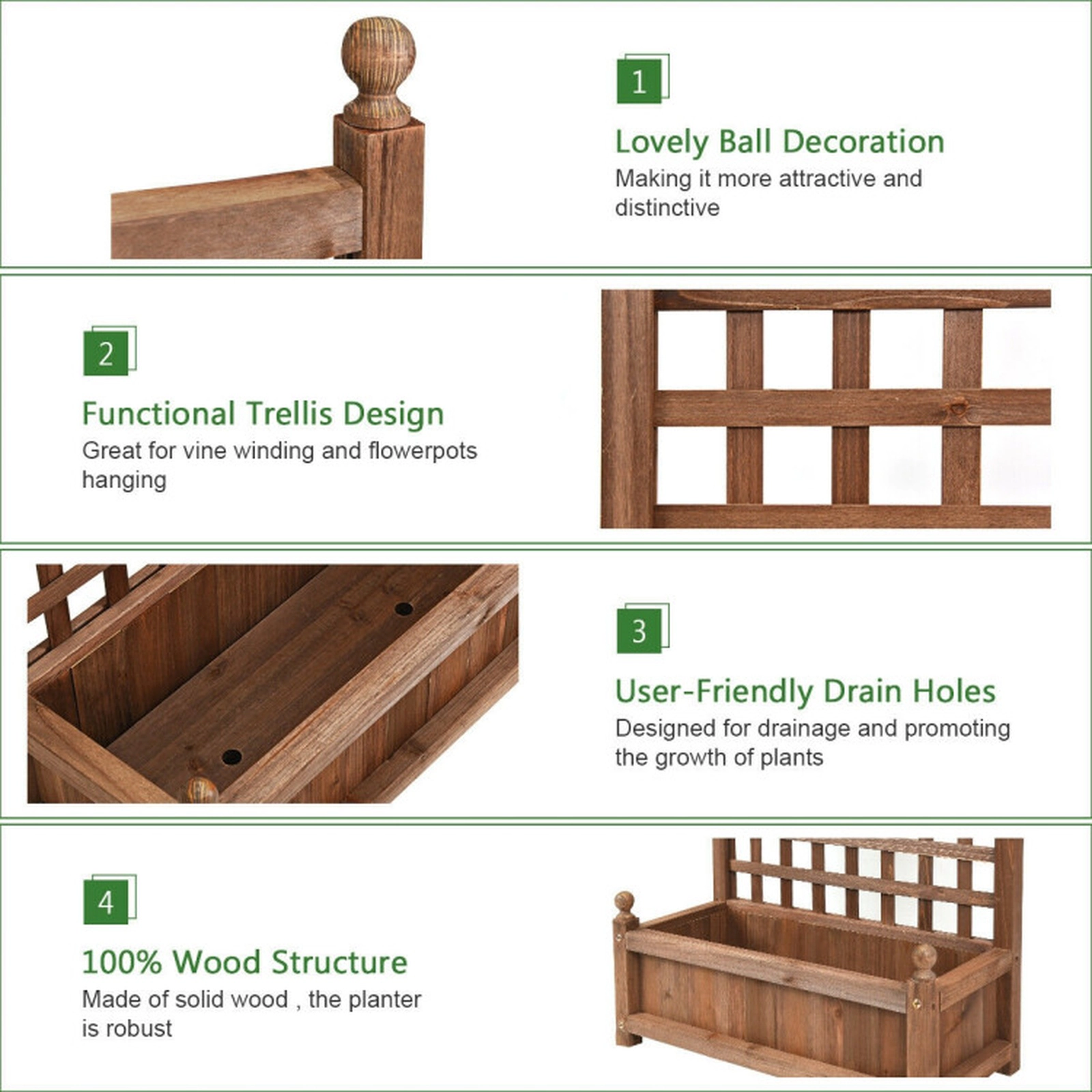 SUGIFT 48-in Tall Dark Brown Fir Wood Free Standing Planter Box with Climbing Trellis and Drain Hole