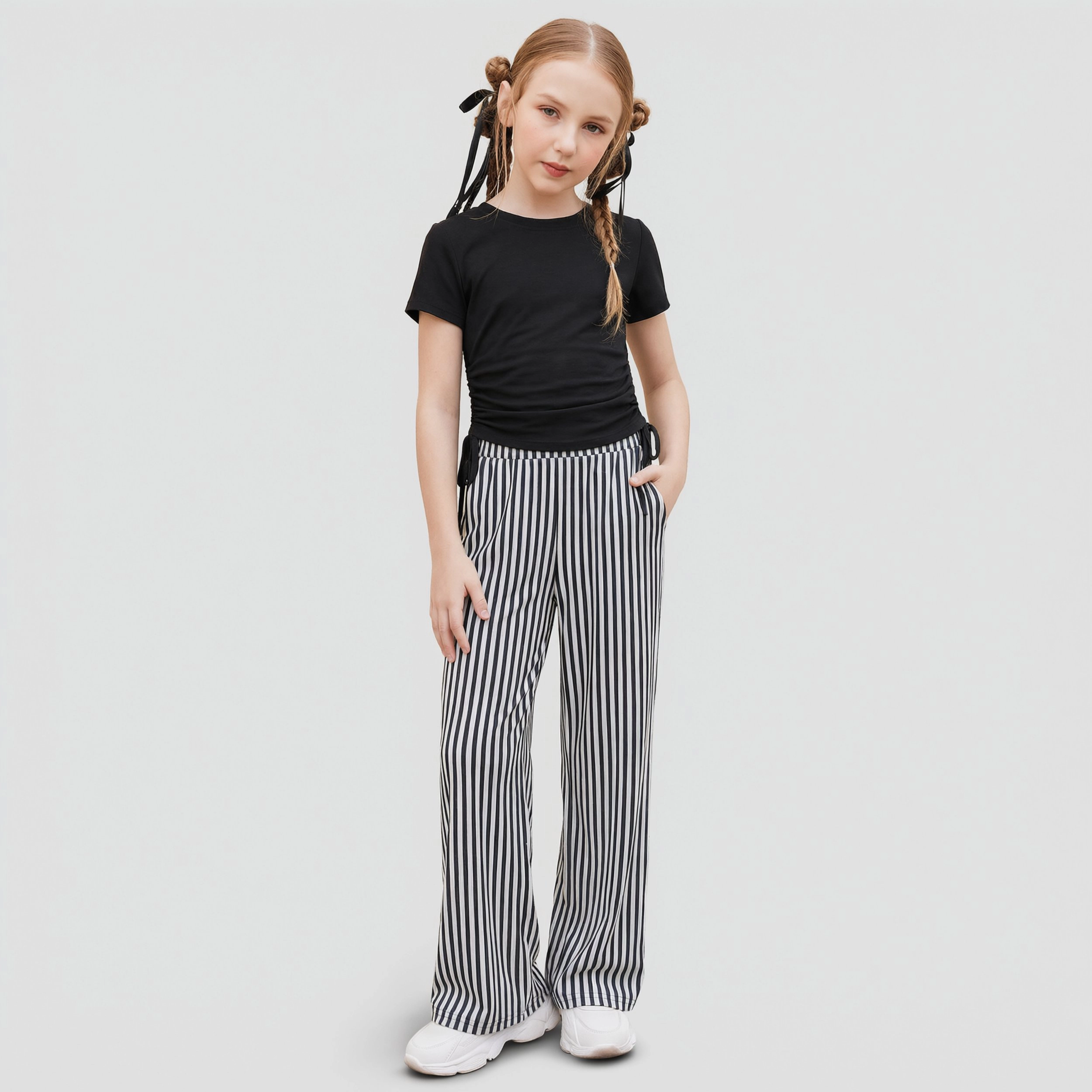 Arshiner Girls Clothing Sets Short Sleeve Side Drawstring Tops And Heart Print Wide Leg Pants
