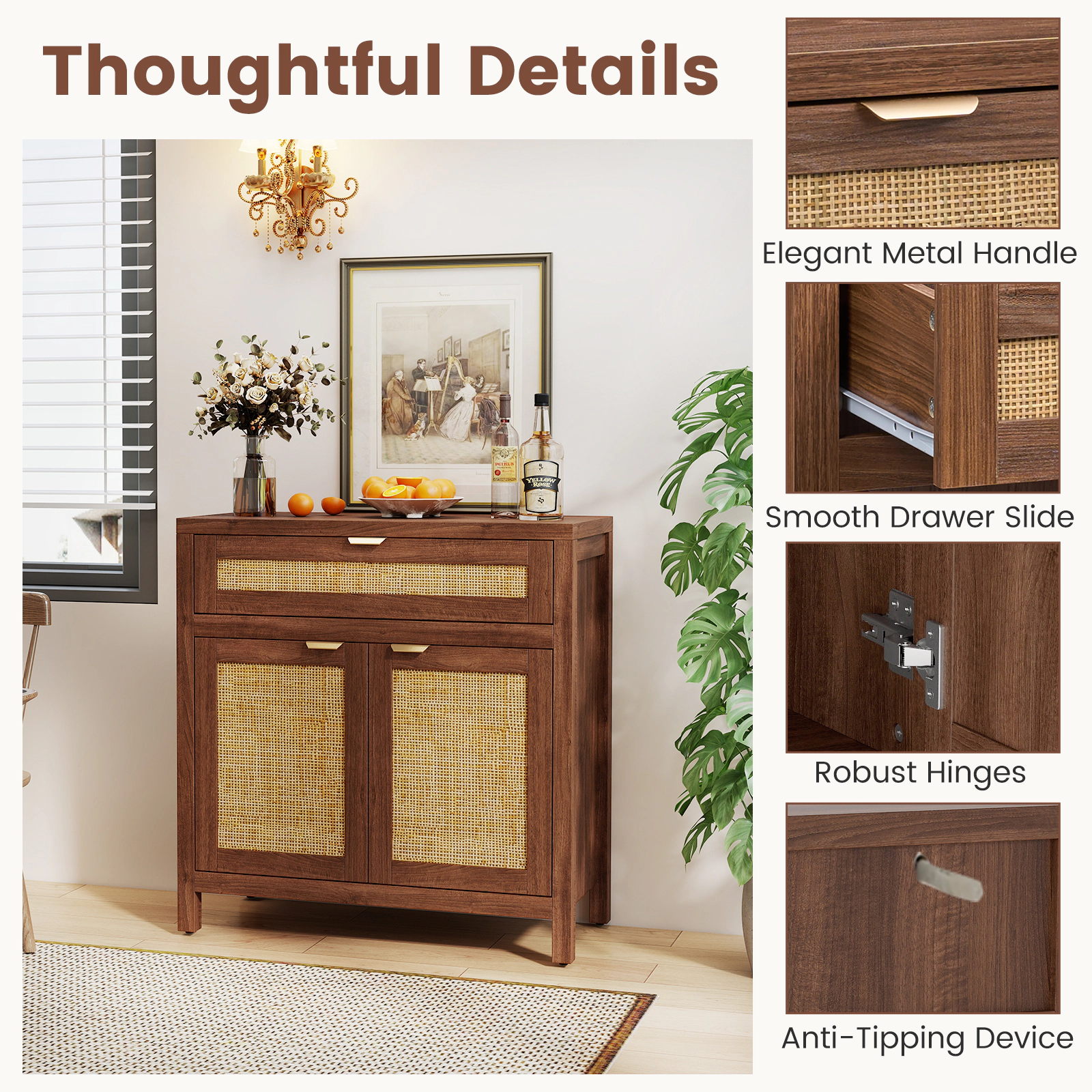 Glintex 31-Inch Sideboard with Rattan Doors and 26-Inch Wide Drawer, Brown+Natural
