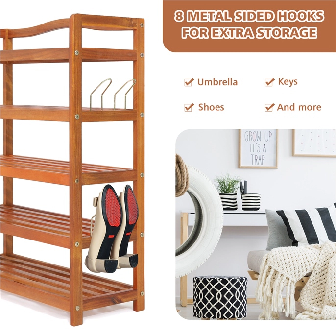 Glintex 5-Tier Acacia Wood Shoe Rack with Side Metal Hooks and Top Handle, Natural