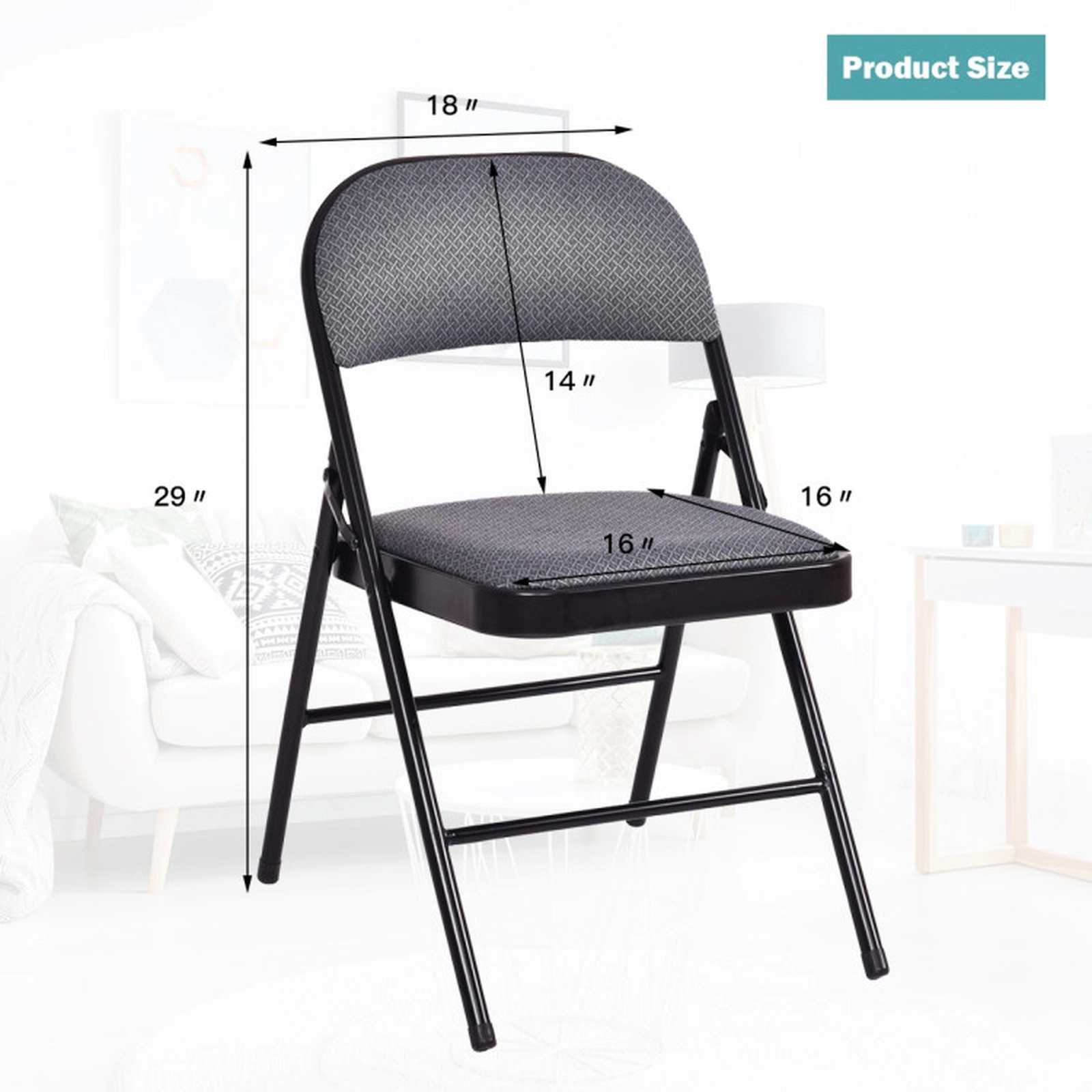 SUGIFT Set of 4 Fabric Upholstered Padded Seat Metal Frame Folding Chairs 18-in x 20-in x 30-in 265-lb Capacity Black
