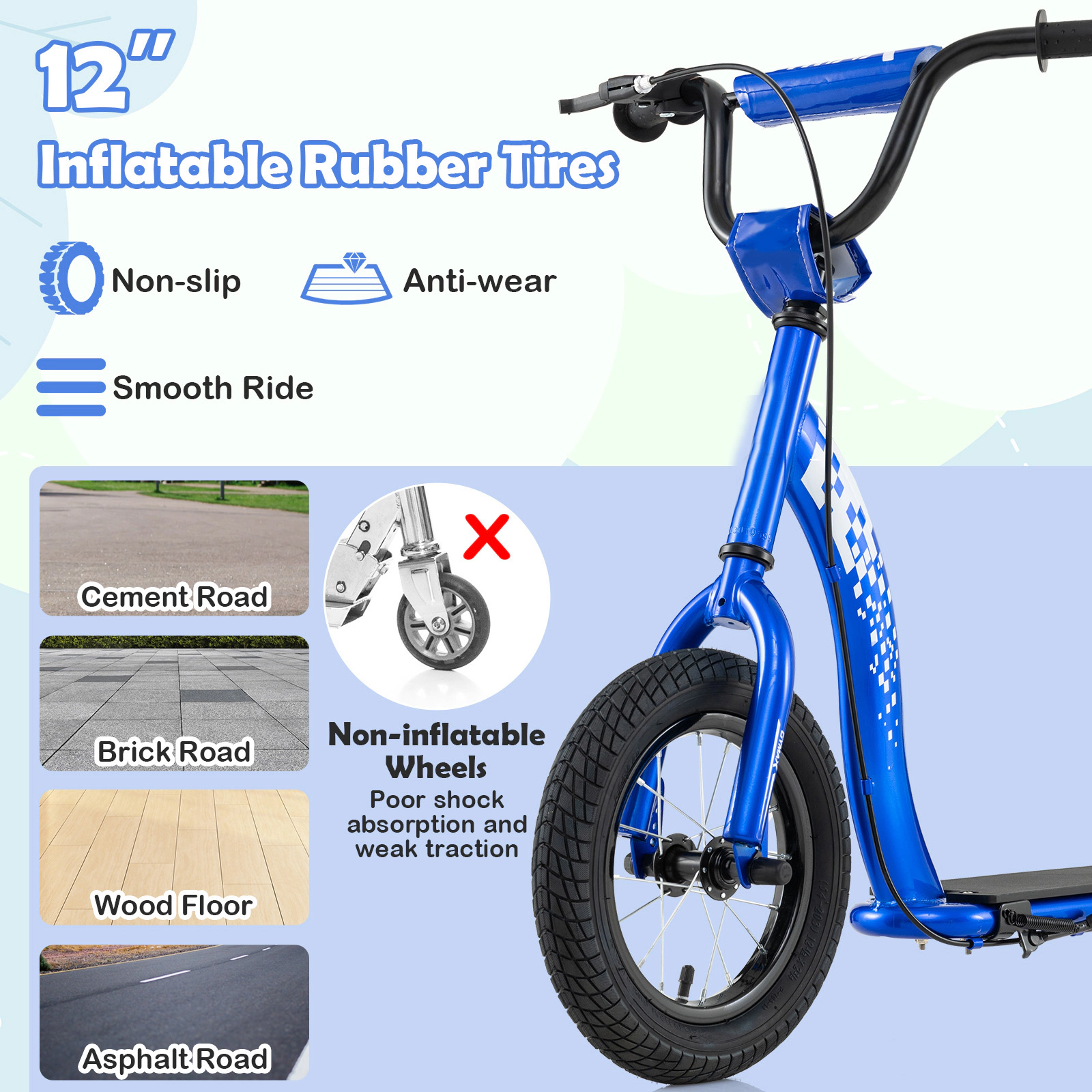 SUGIFT Kids Blue Youth Kick Scooter with 12-in Inflatable Tires 47-in W 32.5-in to 34.5-in H 165-lb Rider Capacity
