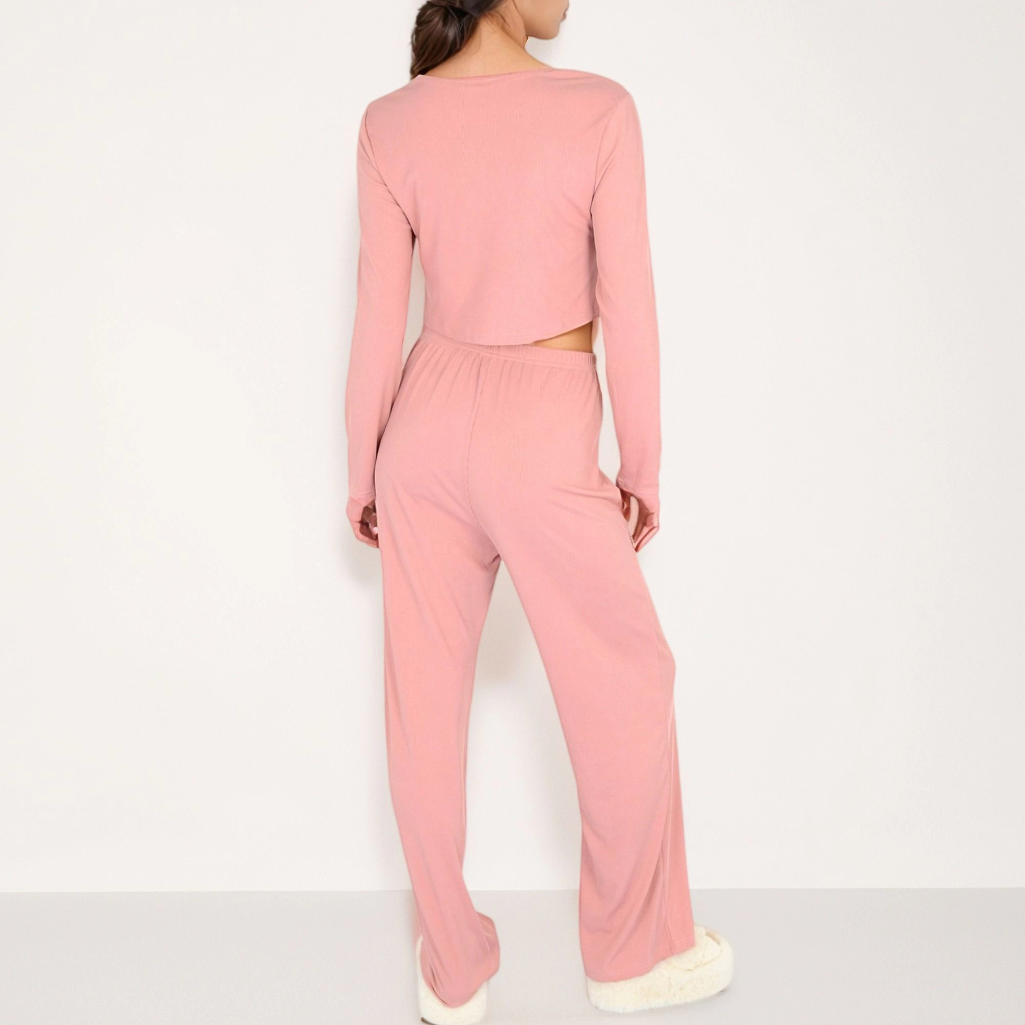 Anna-Kaci Women's Long Sleeve Pajama Set with Tie Front Cropped Top and Relaxed Fit High Waist Full-Length Lounge Pants
