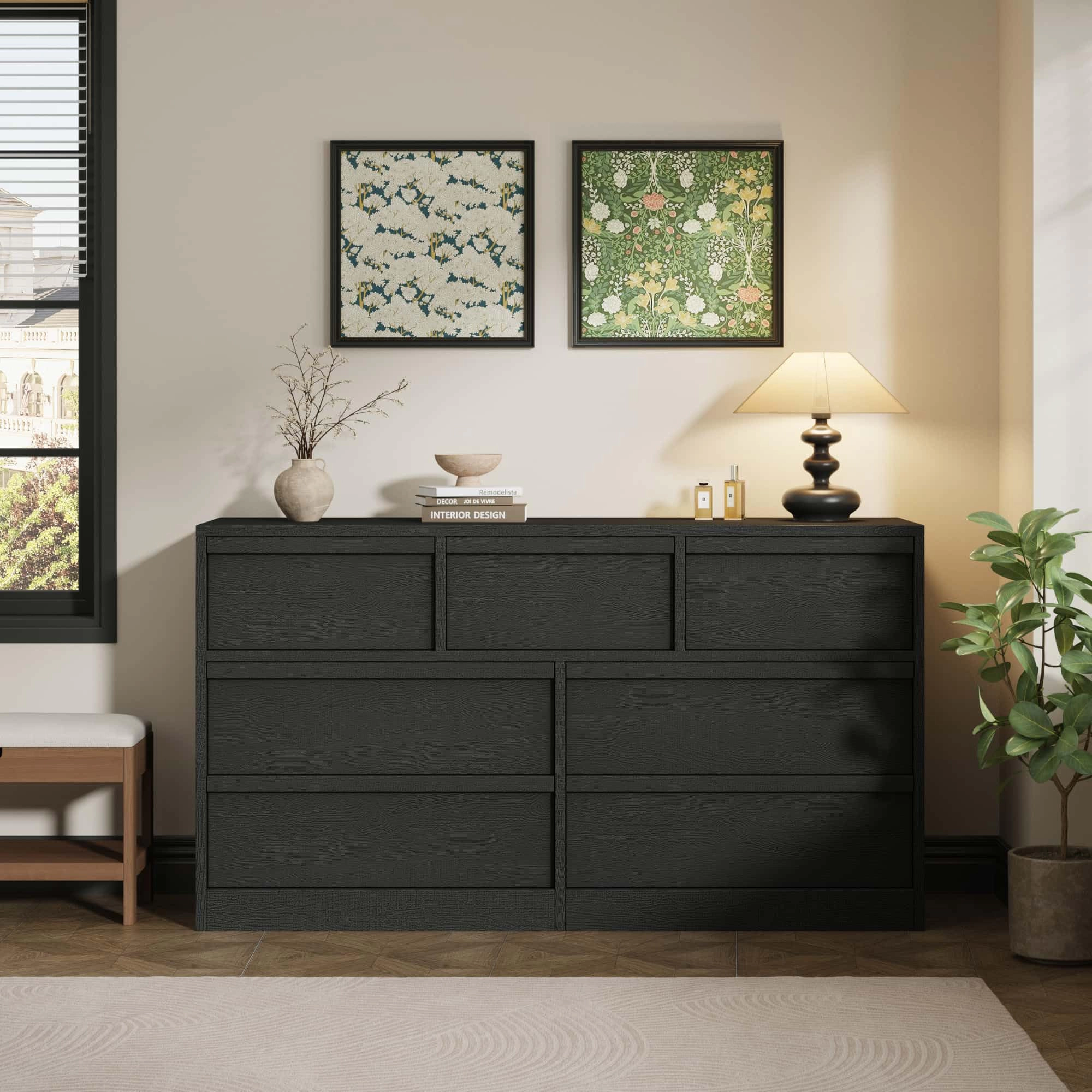 7 Drawer Dresser, Freestanding MDF Chest of Drawers with Storage Top and Anti-Tip Hardware for Bedroom