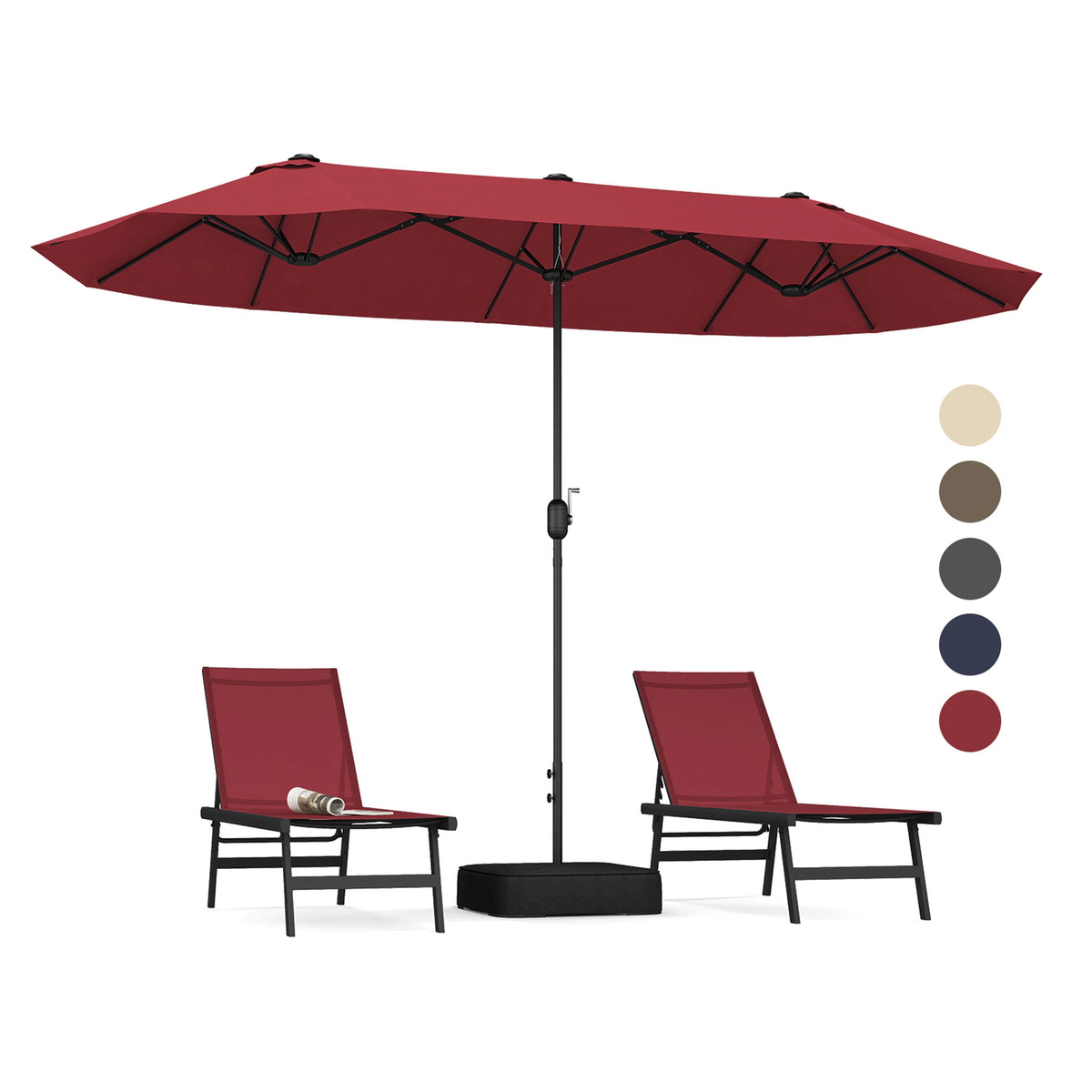 SUGIFT 13-ft Double-Sided Patio Twin Table Umbrella with Crank Handle and Fillable Cross Base 25.5 x 25.5 in Stand Wine