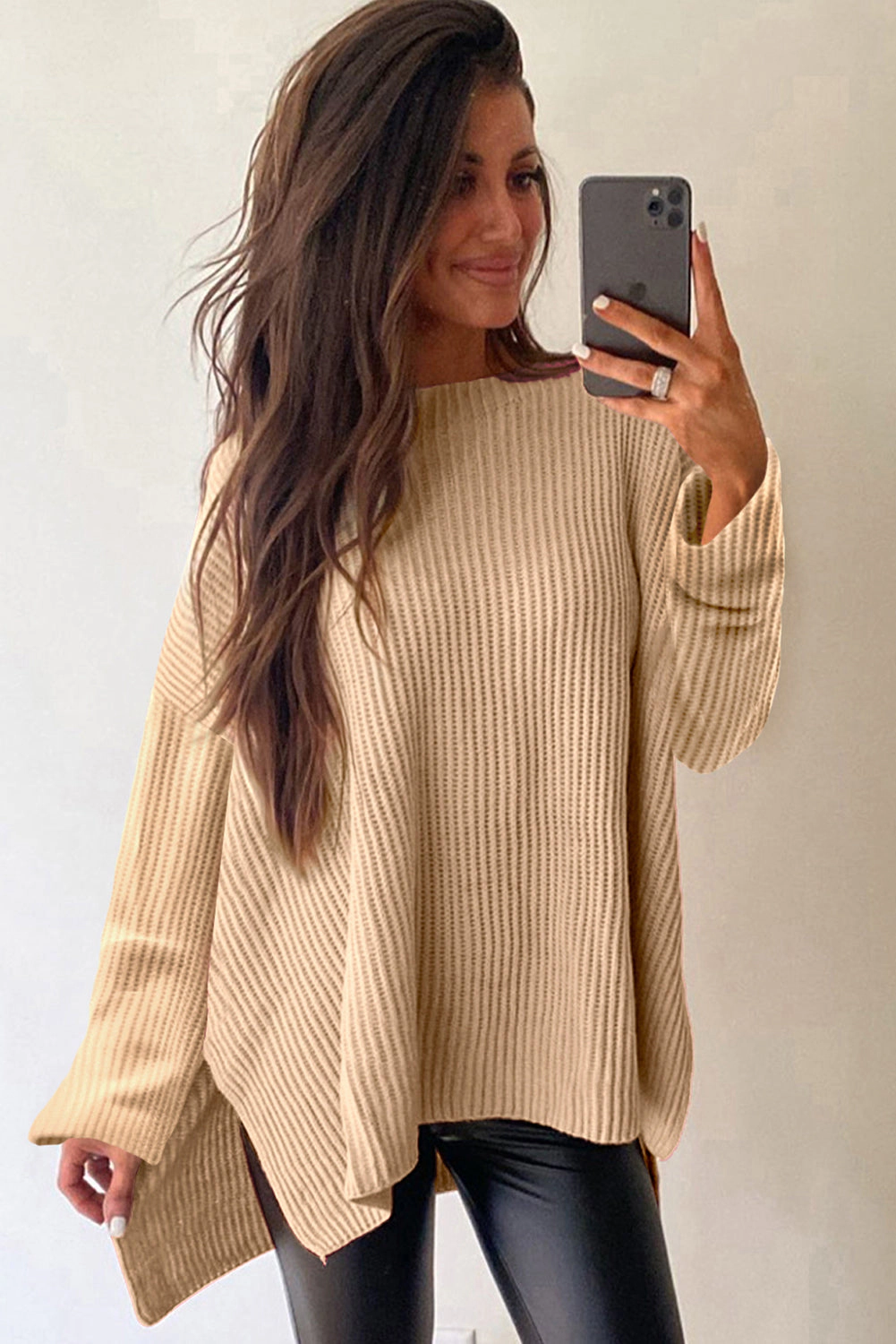 Sol Living Womens Cable Knit Drop Shoulder Side Slits Loose Sweater