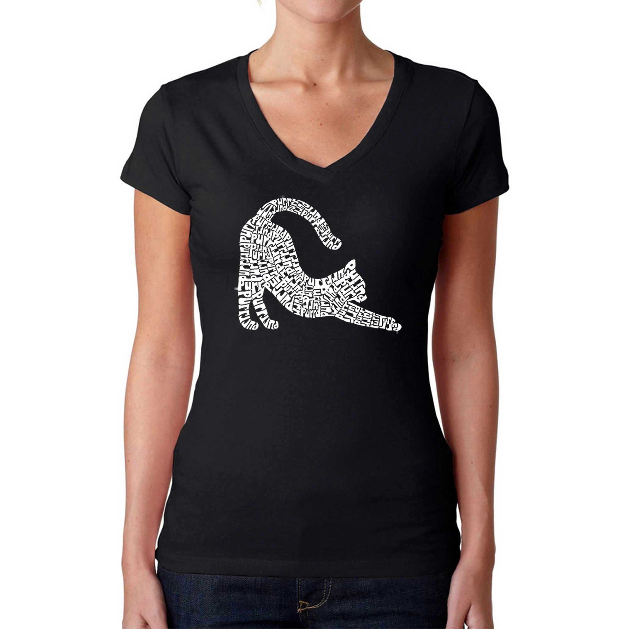 LA Pop Art Womens Word V-Neck T-Shirt - Stretching Cat