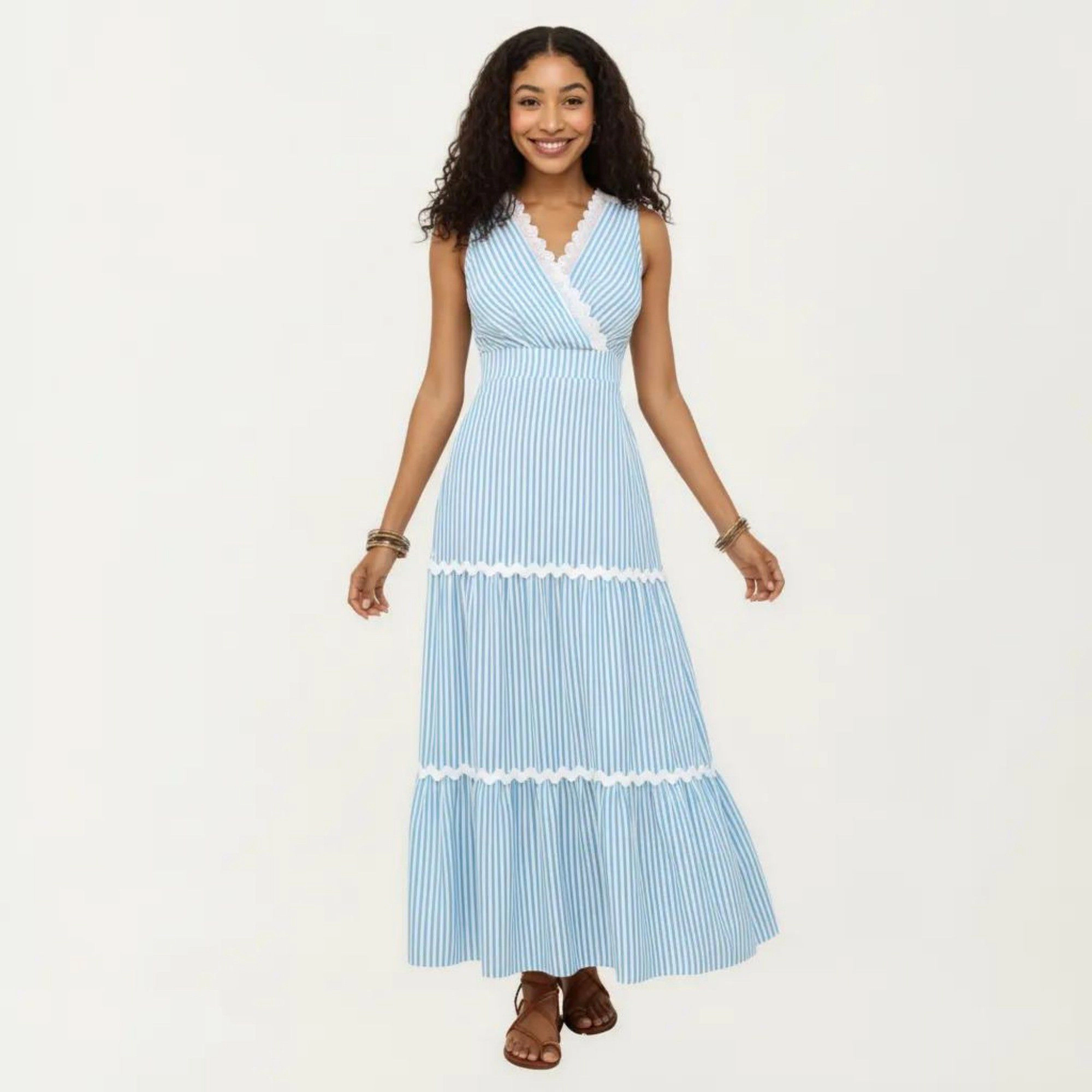 Anna-Kaci Women's Sleeveless Striped V-Neck Contrast Trim Tiered Maxi Dress