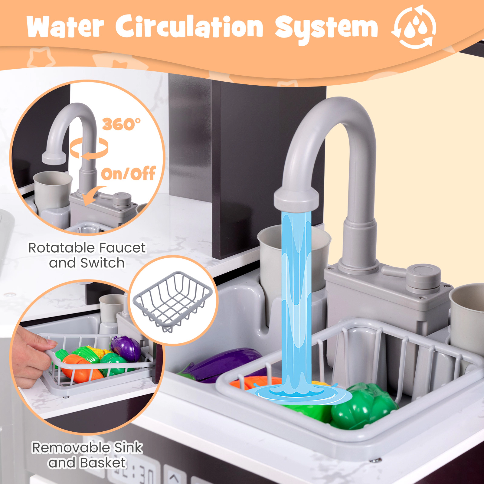 Wooden Kids Play Kitchen Water Circulation Water Dispenser Washing Machine Chef Hat 40-in x 20-in x 33.5-in Coffee