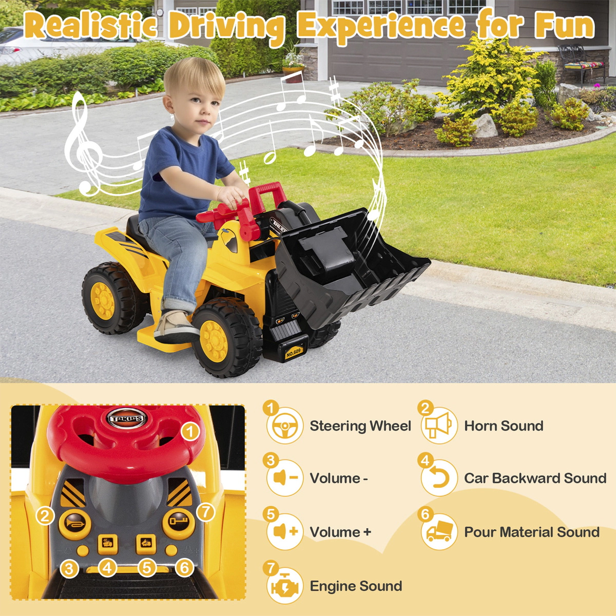 SUGIFT 6V Kids Ride On Bulldozer with Folding Basketball Hoop and 3 Spheres 55-lb Capacity Ages 2+ Yellow