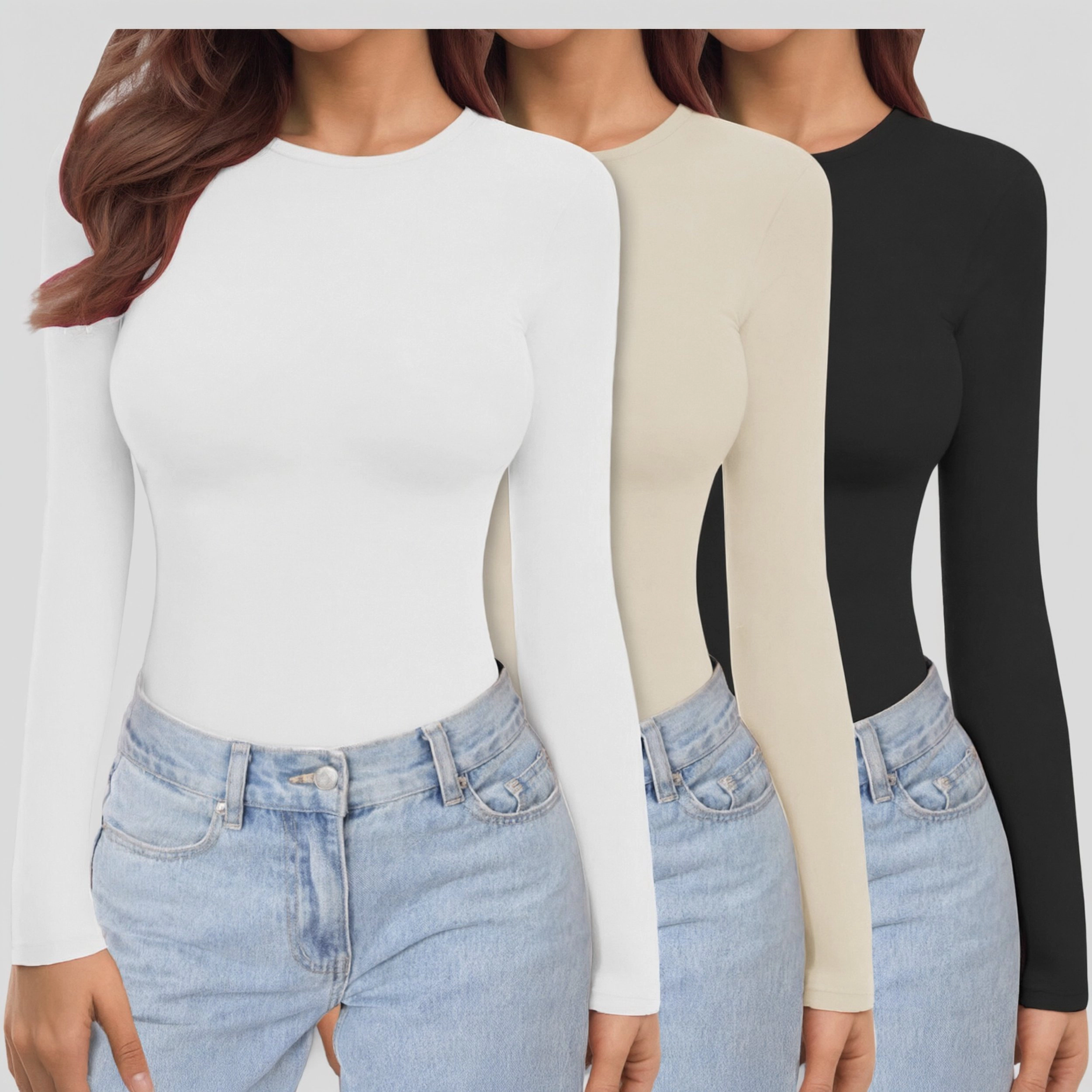 Ekouaer Womens Three Pack Long Sleeve Shirts Crew Neck Stretch Fitted Undershirts Tops Thermal Tee