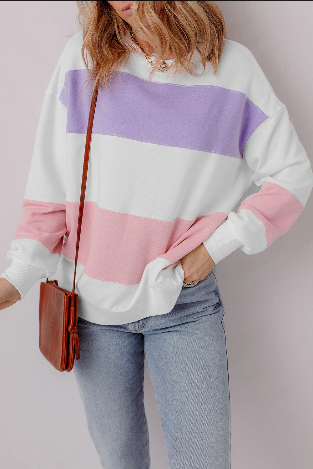 Threaded Pear Women's Beige Colorblock Patchwork Drop Shoulder Crewneck Sweatshirt