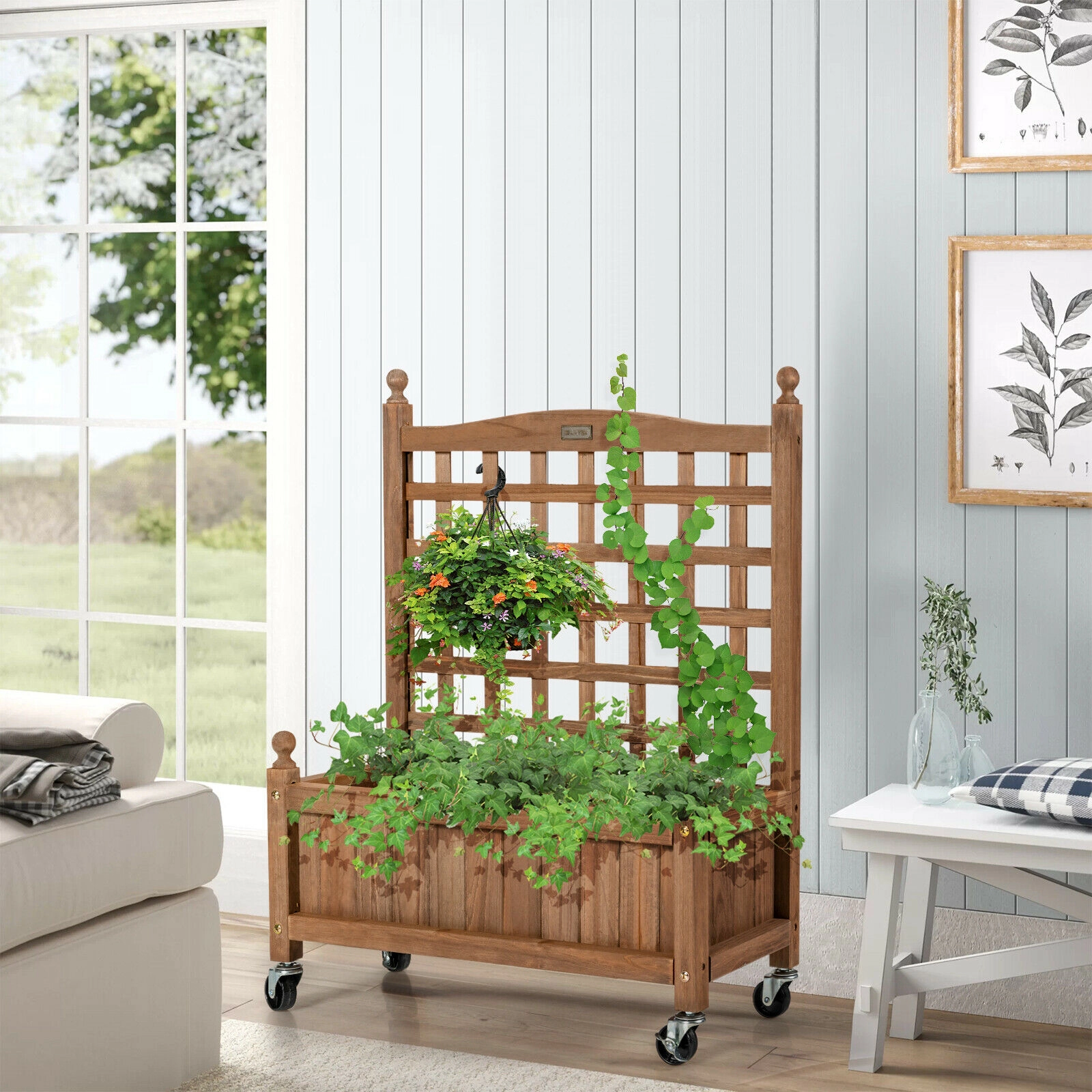 Slickblue Outdoor Wooden Raised Garden Planter with Trellis
