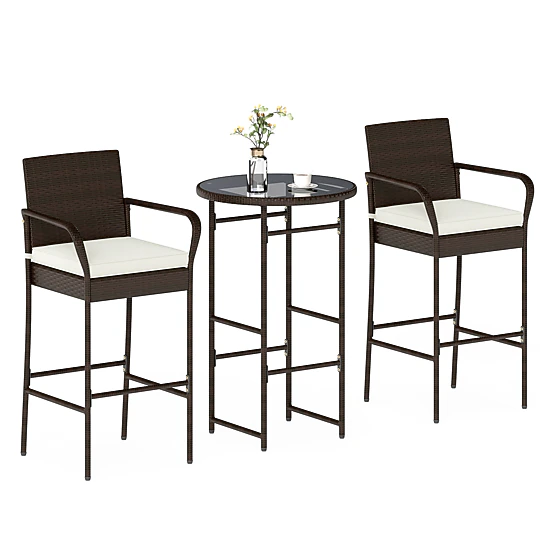 SUGIFT 3-Piece Outdoor Bar Set with Bar Table & 2 Cushioned Bar Chairs 400-lb Chair Capacity Mix Brown Rattan Off White