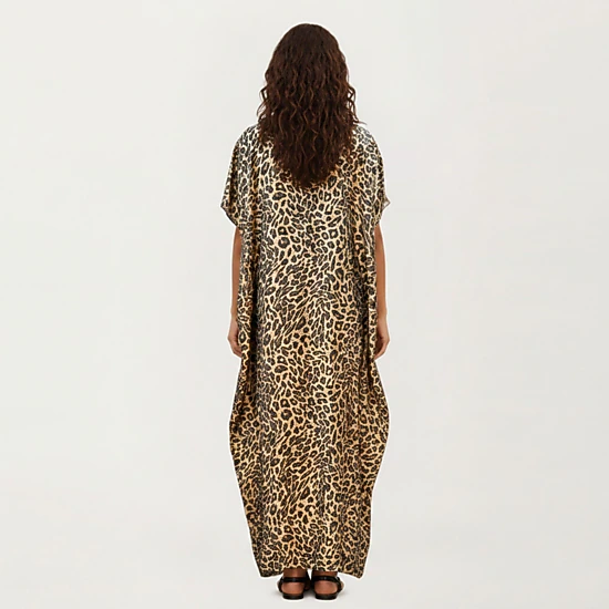 Anna-Kaci Women's Abstract Print Maxi Kaftan Dress with Contrast Trim and Relaxed Flowy Silhouette