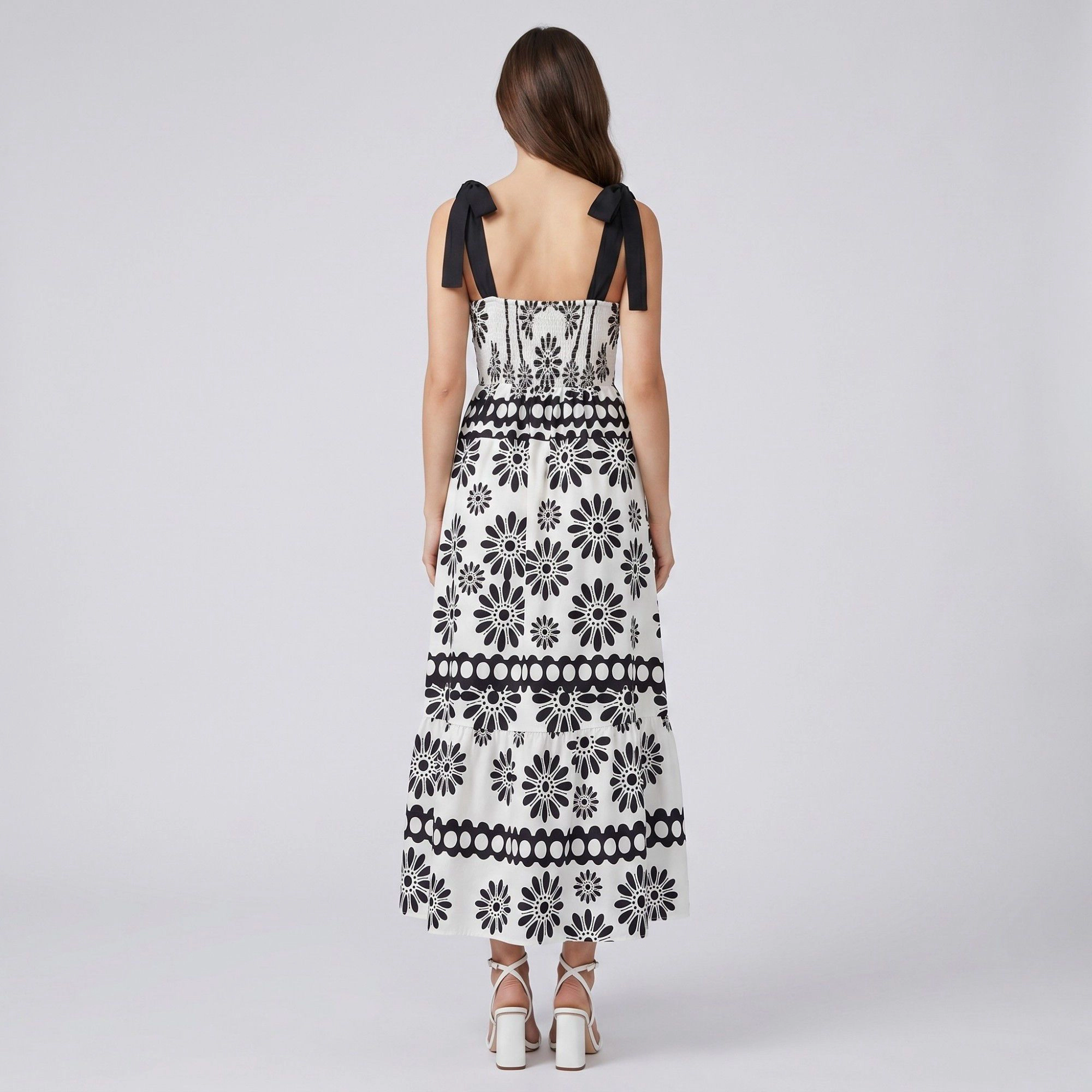 Anna-Kaci Women's Black White Floral Tie Shoulder Smocked Tiered Midi Dress