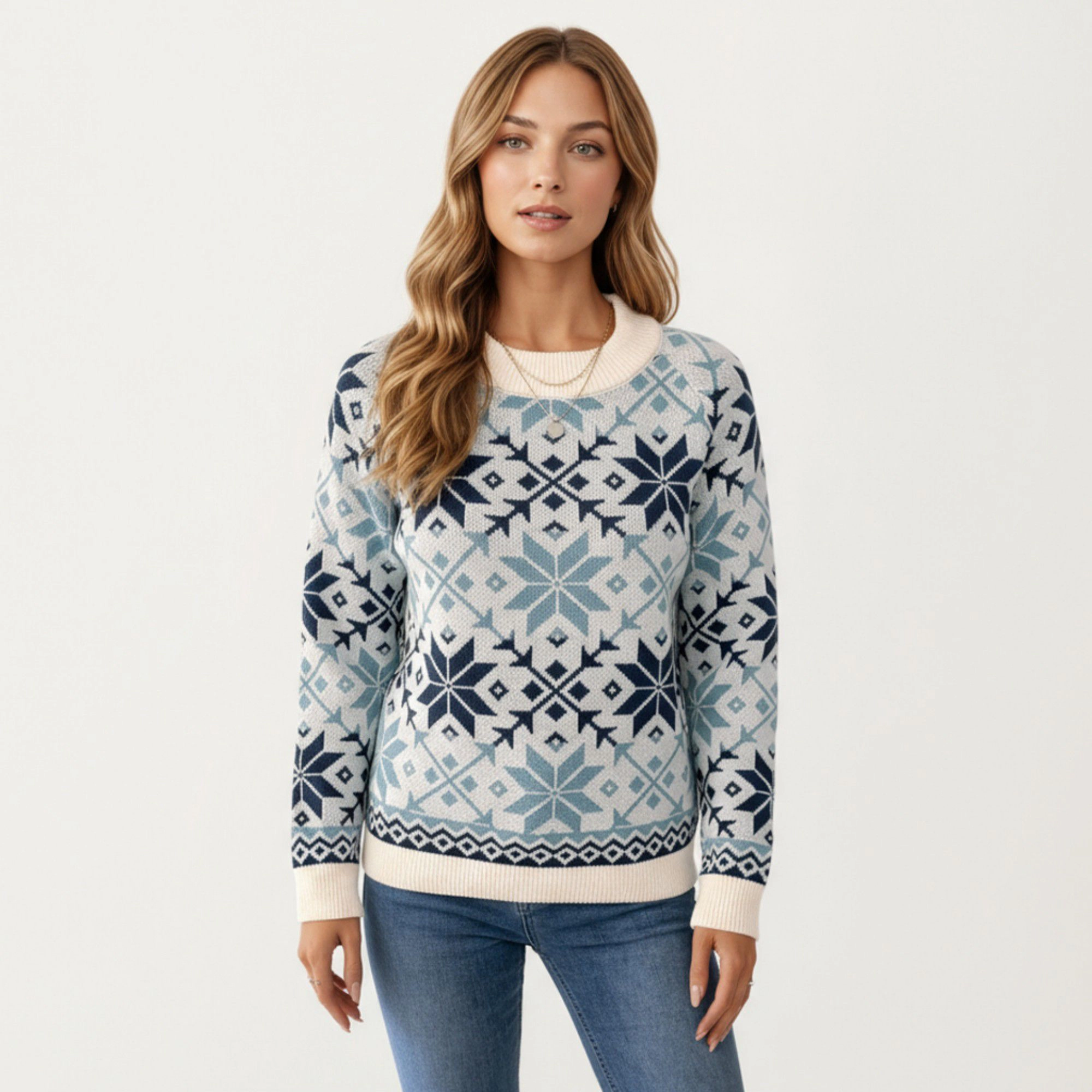Anna-Kaci Women's Nordic Snowflake Crew Neck Ribbed Trim Knit Sweater