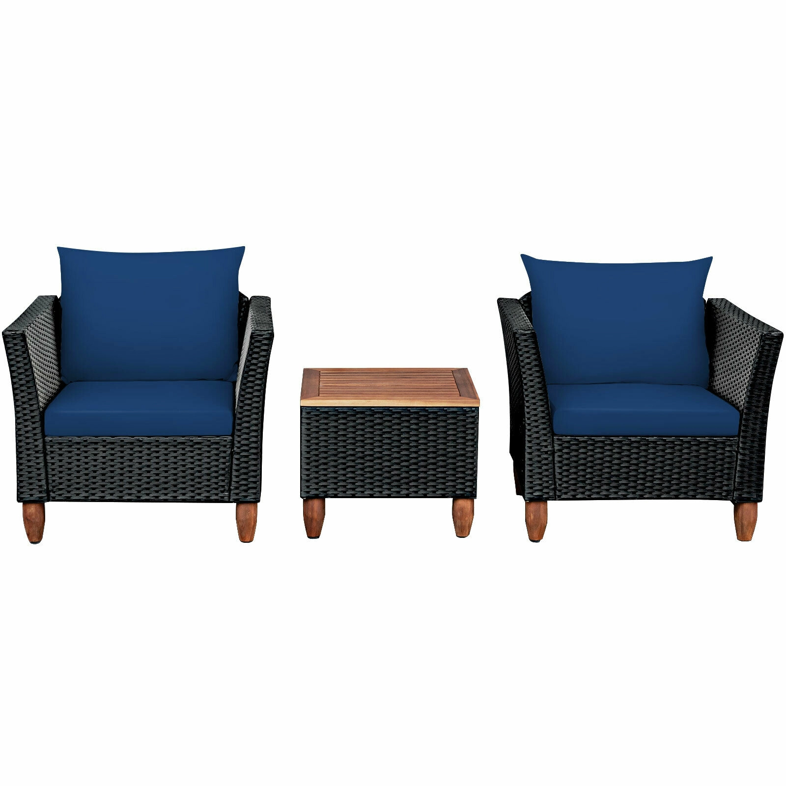 SUGIFT Outdoor Rattan Conversation Set with Acacia Wood Table 400-Lb Chair Capacity Navy
