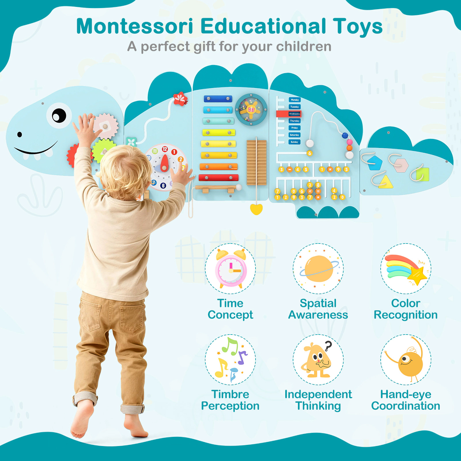 SUGIFT Toddler Blue 11-in-1 Dinosaur Montessori Busy Board with 5 Wall Panels 57-in W 18-in H Ages 3+