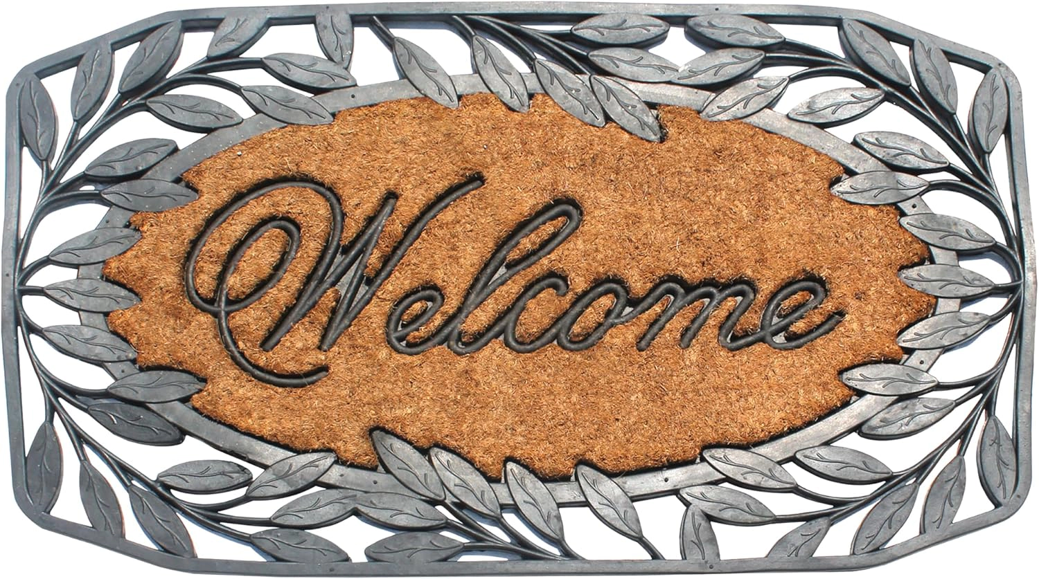 A1 Home Collections Oval Coir and Rubber Door Mat 38x23 Inches Anti-Shed Heavy Duty Non-Slip Leaf Border Welcome Black
