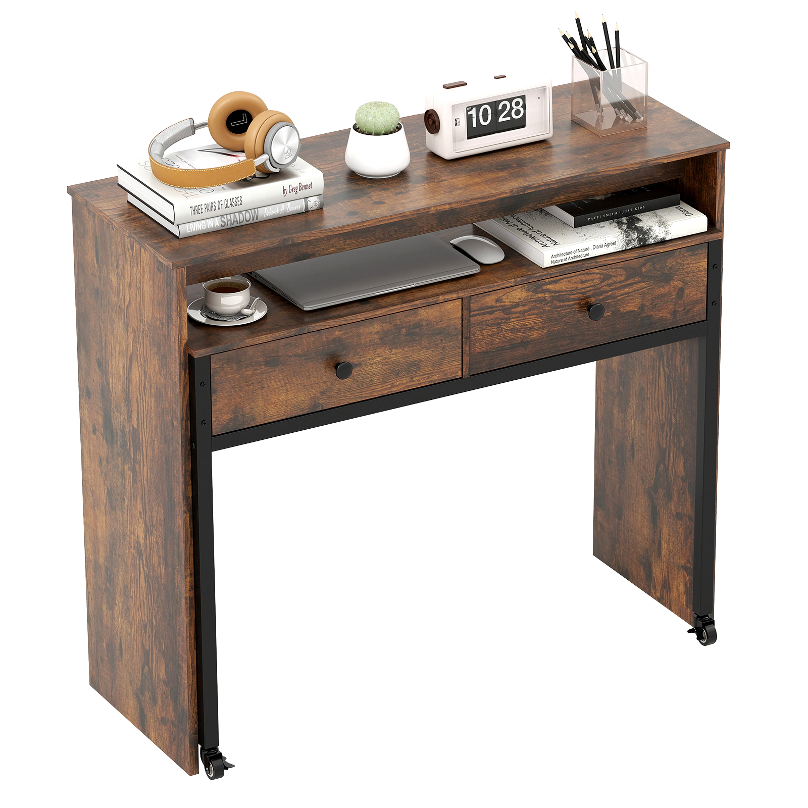 SUGIFT Extendable Computer Desk with Monitor Shelf and 2 Storage Drawers 176-lb Capacity Rustic Brown & Black